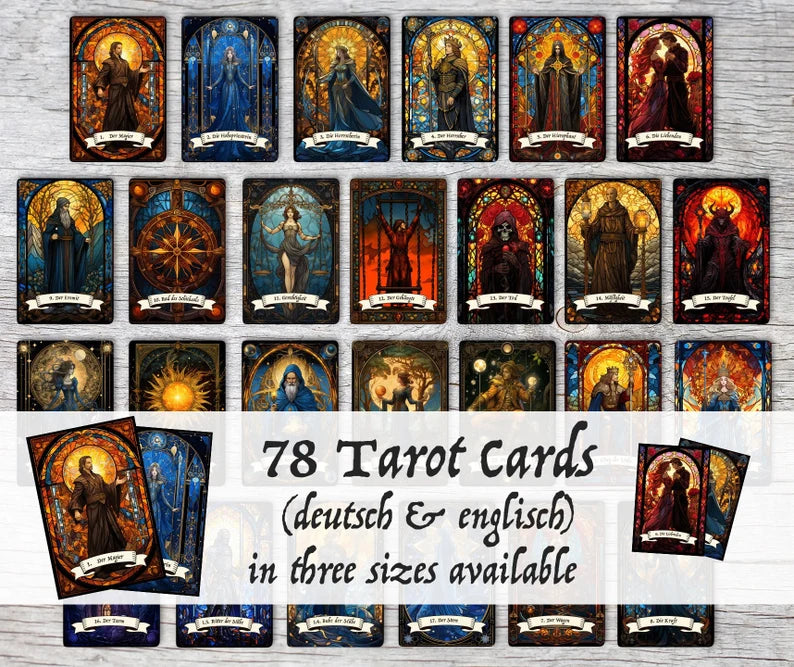 Kunstvolle Tarotkarten im Set (78 Karten) | Tarot Deck mit 78 Tarot Karten in drei größen | deutsch und englisch erhältlich | matt farbdruck