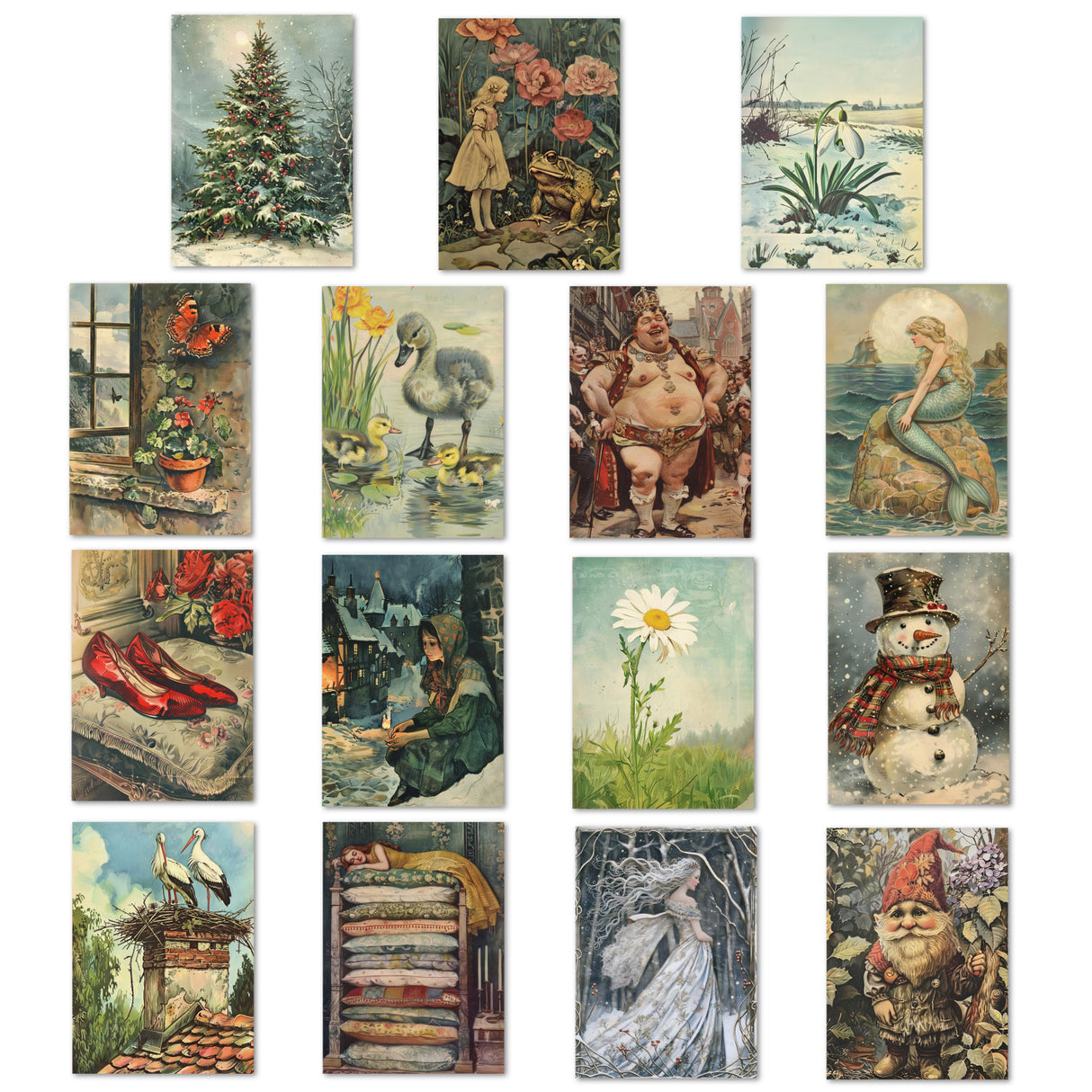 Traditionelle Märchenkarten Set (15 Karten) | Vintage Postkarten mit Märchen Motiven von Hans Christian Andersen - Illustration Vintage