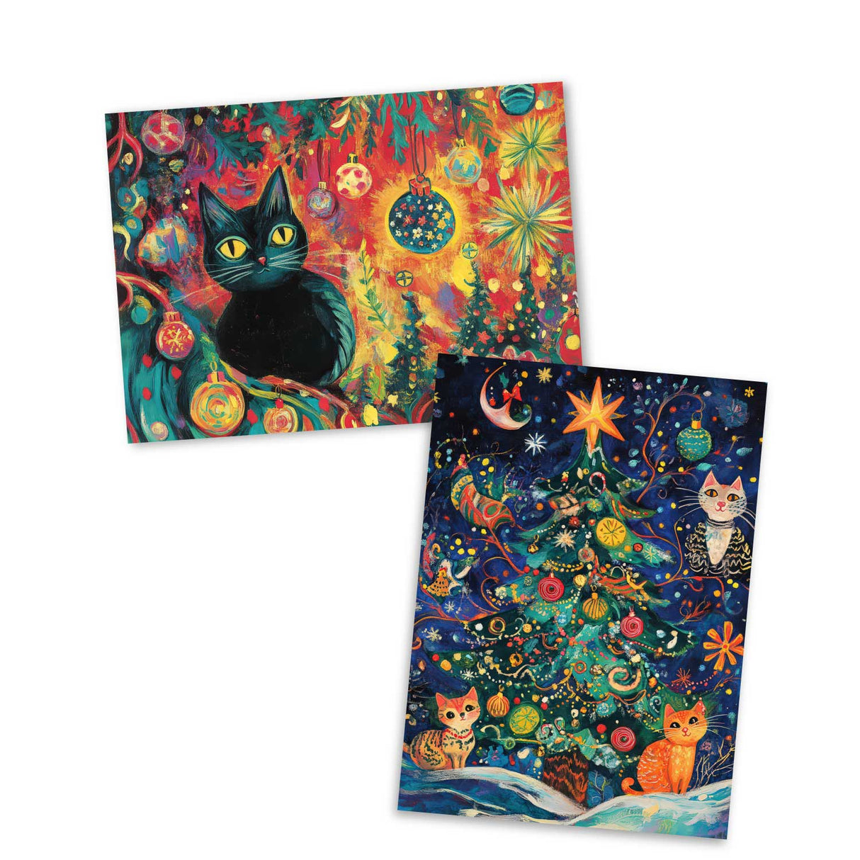 Weihnachtskarten Set Katzen | 12 festliche Karten mit Katzenmotiven | A6 Postkarten oder Klappkarten | Bunte Weihnachtsgrüße für Katzenfans