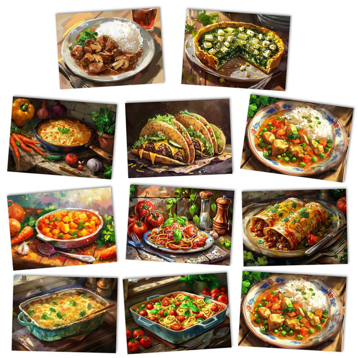 Leckere Gerichte und Rezeptkarten; Postkarten A6 Set (10 Cards) Gerichte Speisen Vorschläge I Kunstvolle Stillleben Mahlzeiten