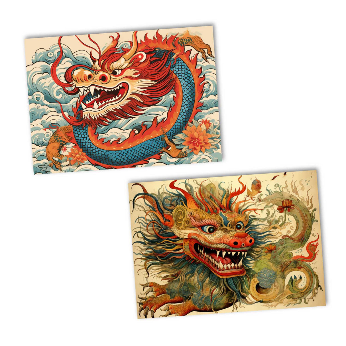 Jahr des Drachen Postkarten A6 Set (10 Cards) Drachen Jahr chinesische Sternzeichen asiatische Kultur I Kunstvolle Drachen Karten