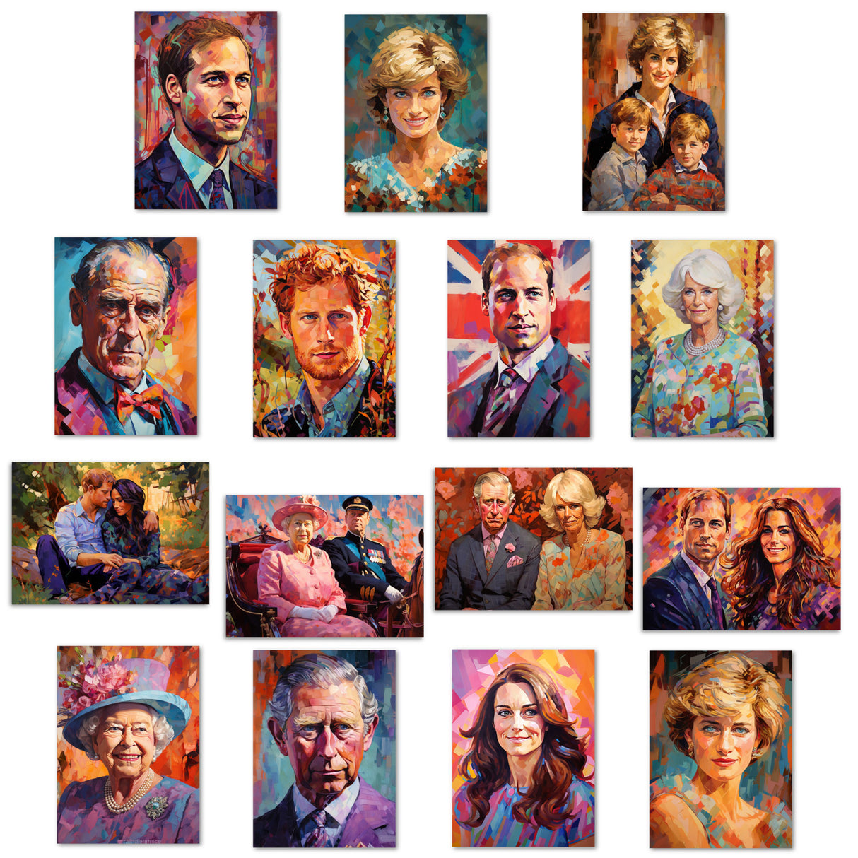 Postkarten A6 Set (15 Cards) The Royal Family modern Aquarell Art I digital Painting I William Kate Charles Diana Camilla Elizabeth Harry