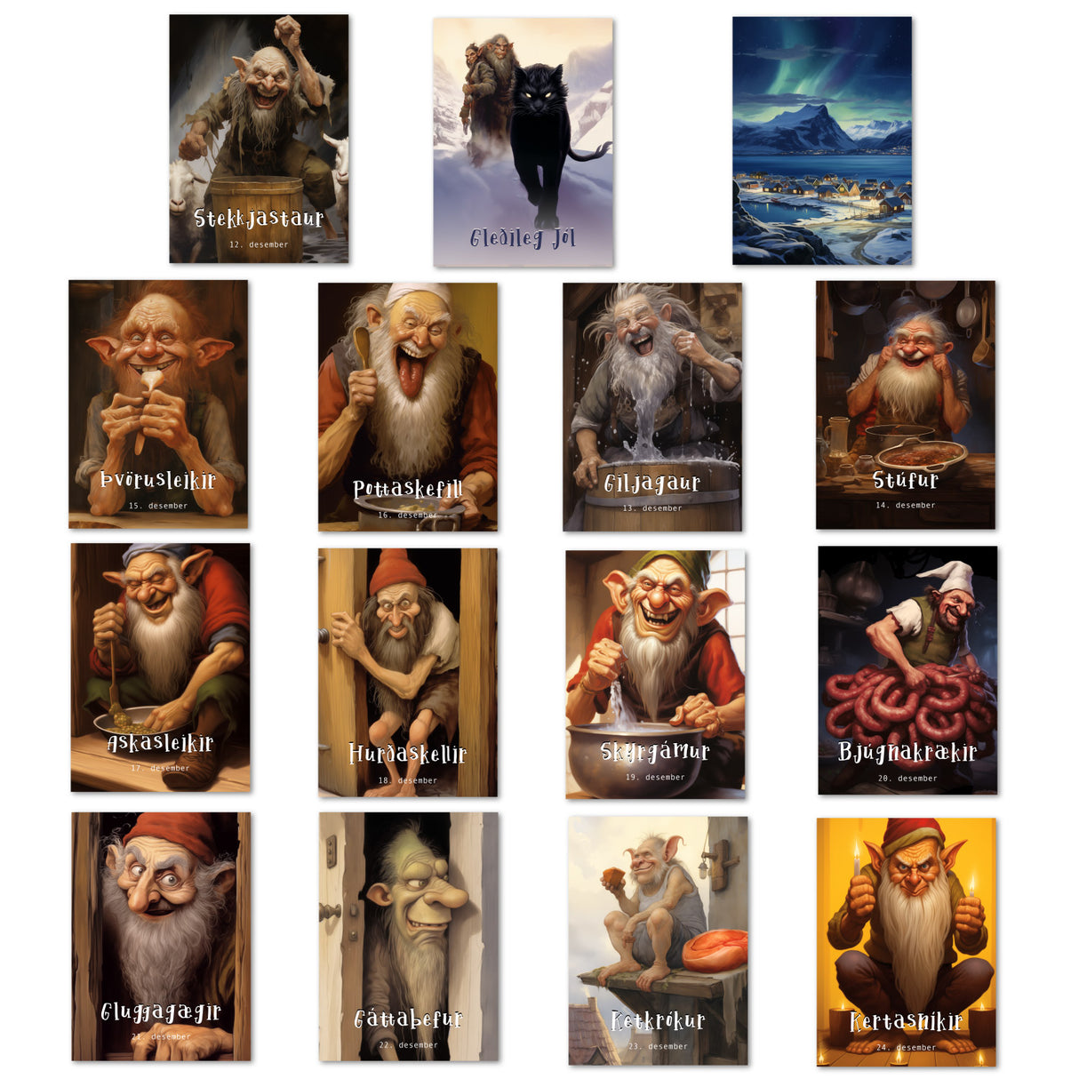 Islands Yule Lads Karten Set A6 (15 Cards) Isländische Weihnachtsmänner I Weihnachtsbuben I Weihnachtstrolle I Humorvolle Folklore Karten