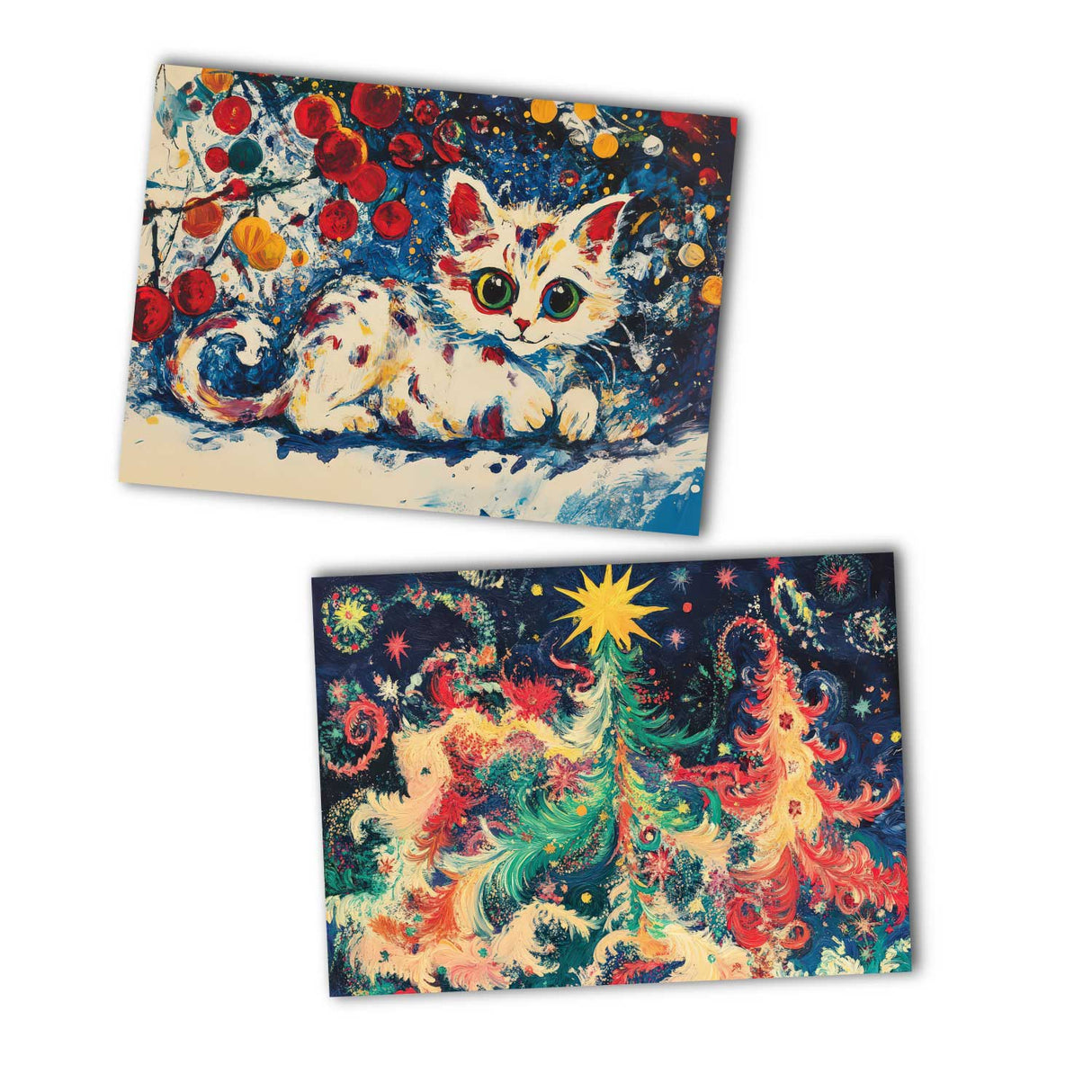 Weihnachtskarten Set Katzen | 12 festliche Karten mit Katzenmotiven | A6 Postkarten oder Klappkarten | Bunte Weihnachtsgrüße für Katzenfans