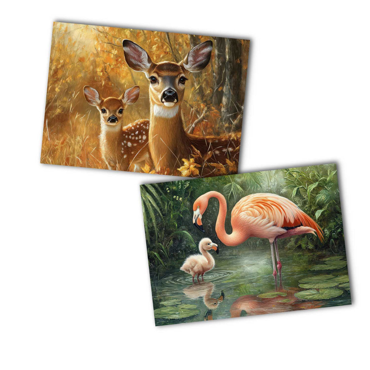 Tiere Safari mit Tierbaby Postkarten A6 Set (12 Cards) I Grußkarten und Geburtstagskarten I Pinguin Löwe Tiger Panda Pferd Affe Kuh Katze