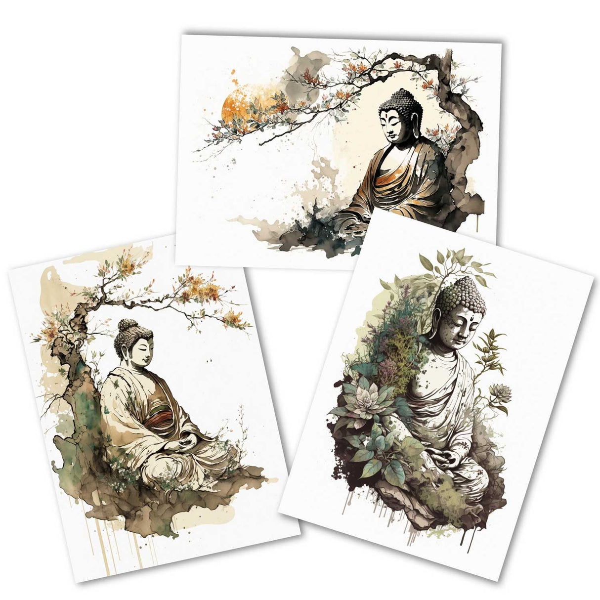 Buddha Meditation Karten Set (13 Karten) | Mandala Grußkarten | Neutral | Wanddekoration | Wasserfarben Aquarell I Wandbild Buddha