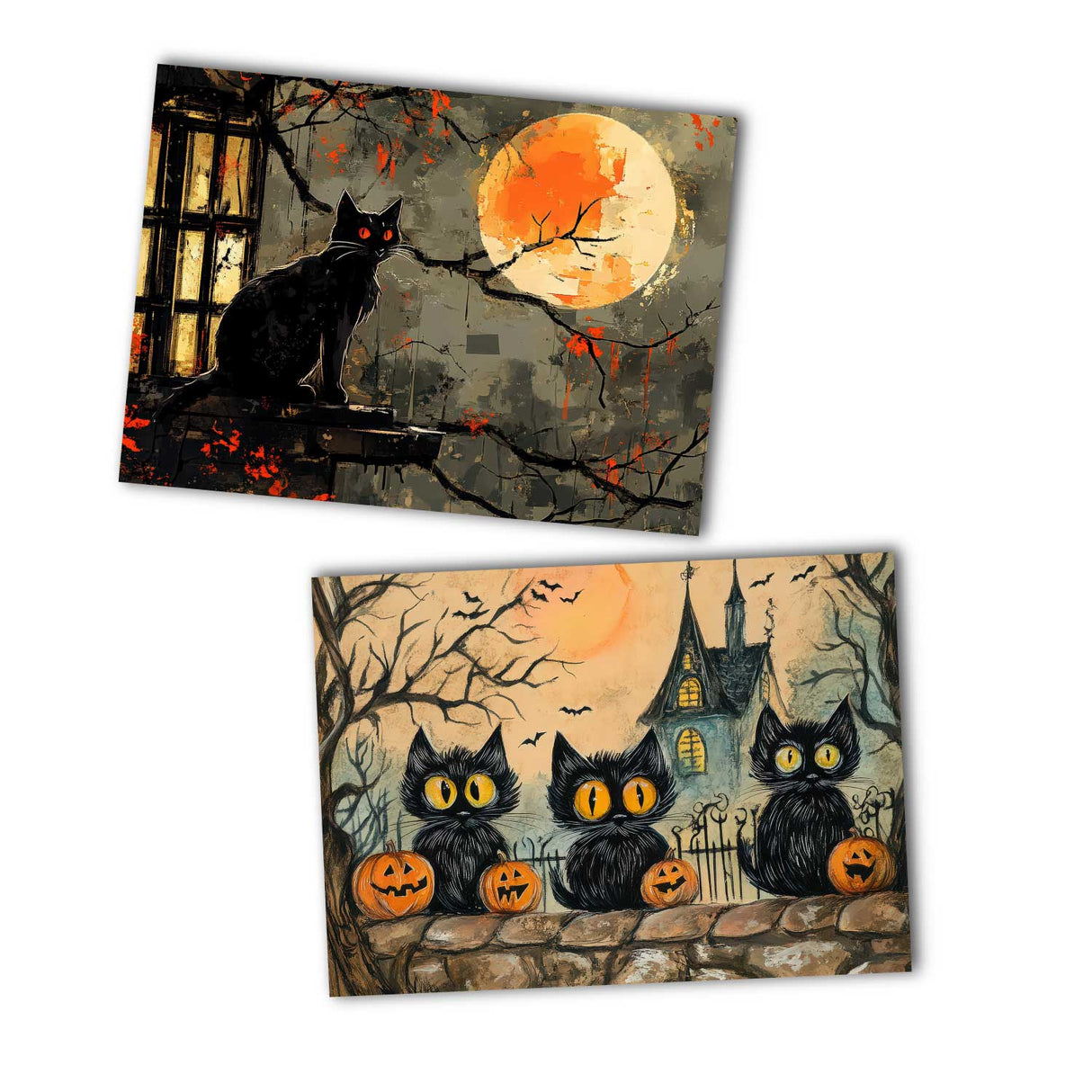 Halloween Katzen Karten Set – 10 kunstvolle Grußkarten A6 | Spooky Postkarten Klappkarten | Gothic Geschenkidee Katzen Halloween lustig