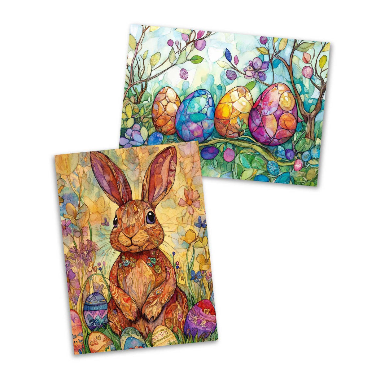Oster Grußkarten Set (12 Karten) | Osterhasen und Blumen im Aquarell Look | Geschenk | Wanddekoration | Postkarten, Klappkarten Ostermotive