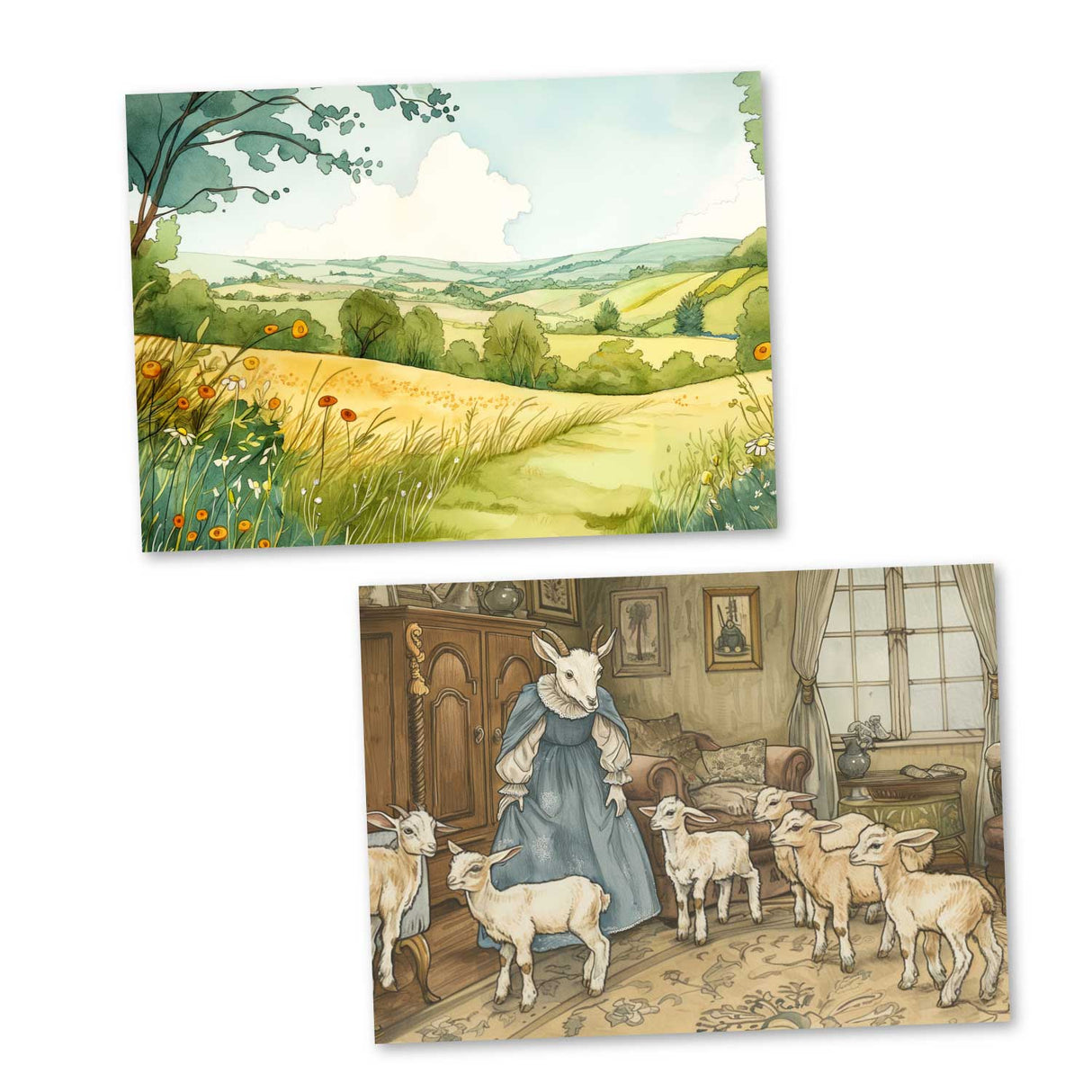 Der Wolf und die sieben jungen Geißlein Karten Set A6 (15 Cards) Illustriertes Märchen I von den Brüdern Grimm im Original I Vintage Karten