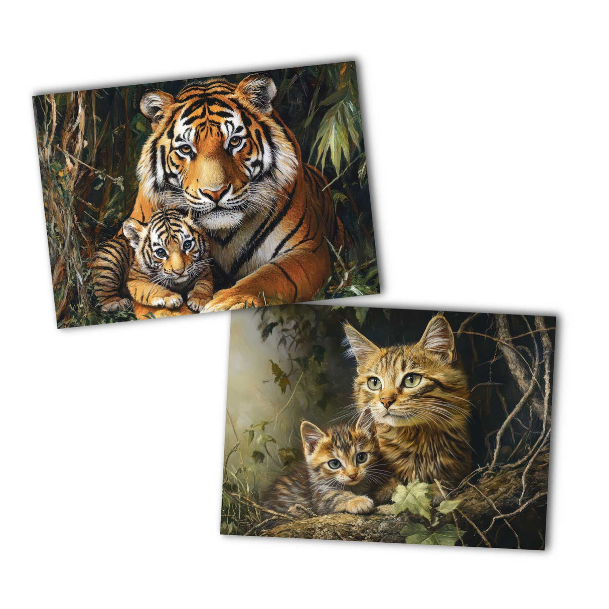 Tiere Safari mit Tierbaby Postkarten A6 Set (12 Cards) I Grußkarten und Geburtstagskarten I Pinguin Löwe Tiger Panda Pferd Affe Kuh Katze