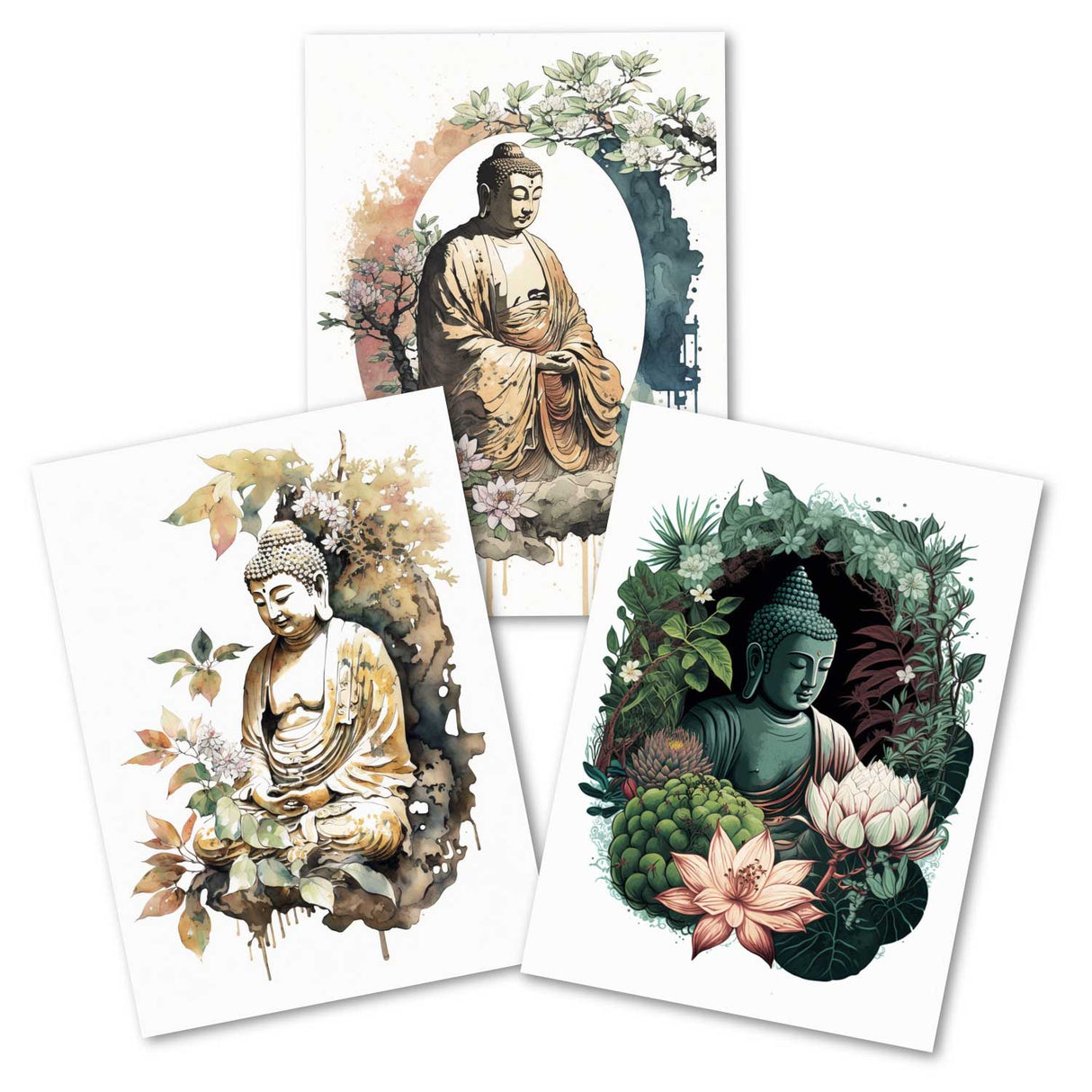 Buddha Meditation Karten Set (13 Karten) | Mandala Grußkarten | Neutral | Wanddekoration | Wasserfarben Aquarell I Wandbild Buddha