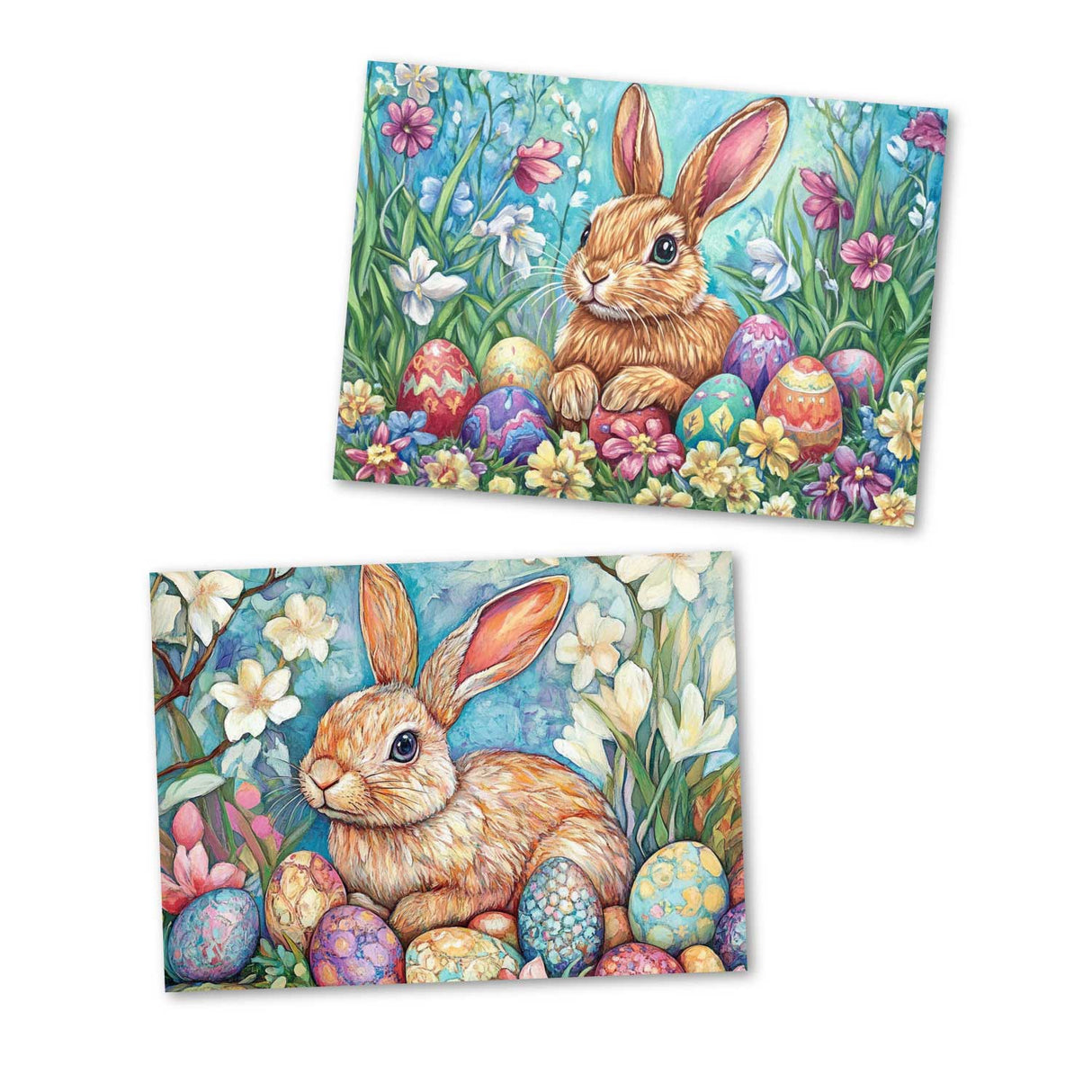 Oster Grußkarten Set (12 Karten) | Osterhasen und Blumen im Aquarell Look | Geschenk | Wanddekoration | Postkarten, Klappkarten Ostermotive