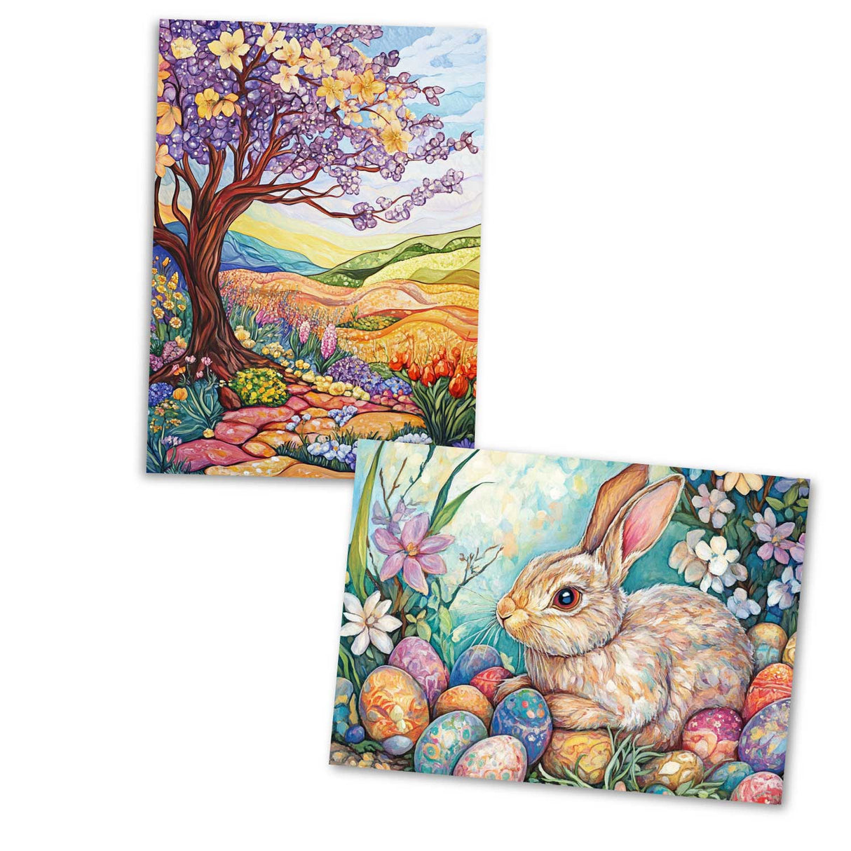 Oster Grußkarten Set (12 Karten) | Osterhasen und Blumen im Aquarell Look | Geschenk | Wanddekoration | Postkarten, Klappkarten Ostermotive