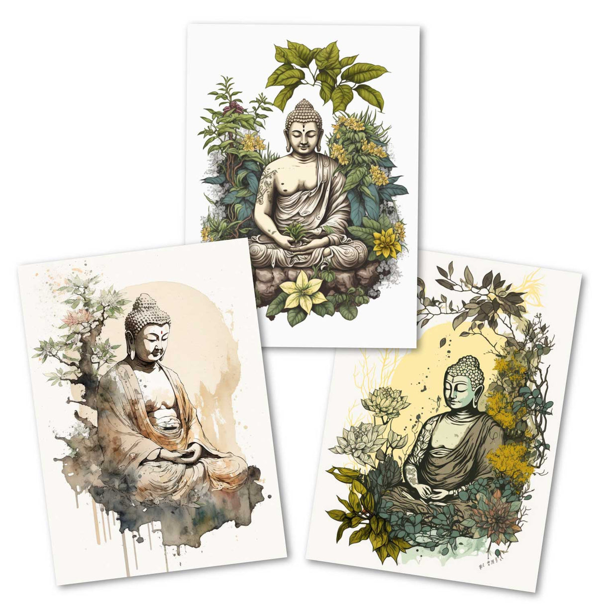 Buddha Meditation Karten Set (13 Karten) | Mandala Grußkarten | Neutral | Wanddekoration | Wasserfarben Aquarell I Wandbild Buddha