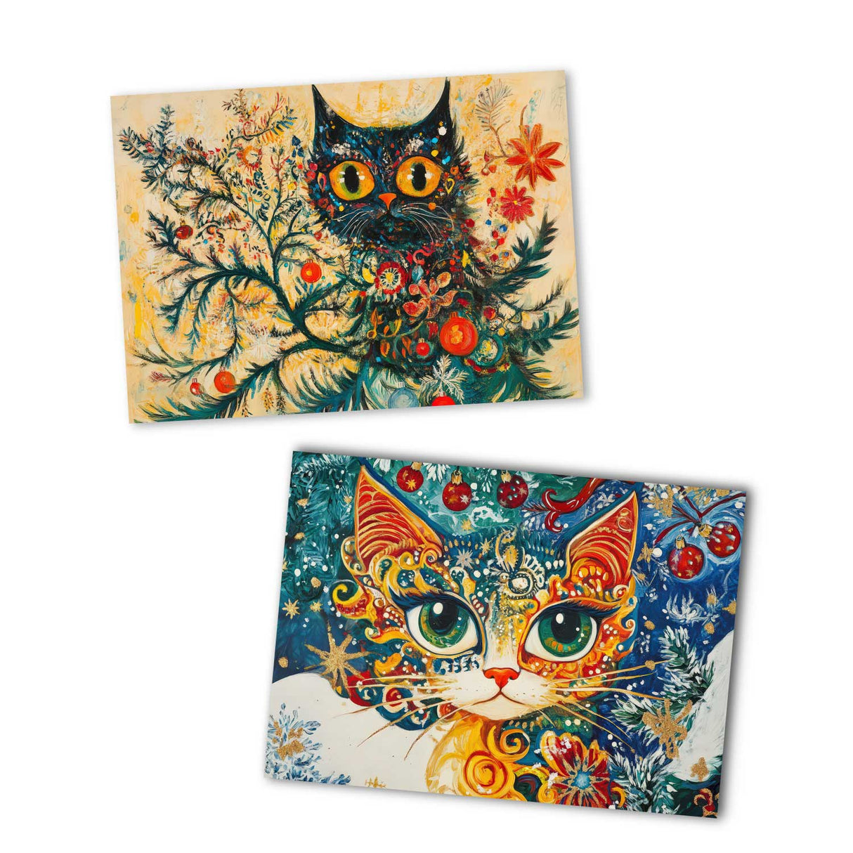 Weihnachtskarten Set Katzen | 12 festliche Karten mit Katzenmotiven | A6 Postkarten oder Klappkarten | Bunte Weihnachtsgrüße für Katzenfans