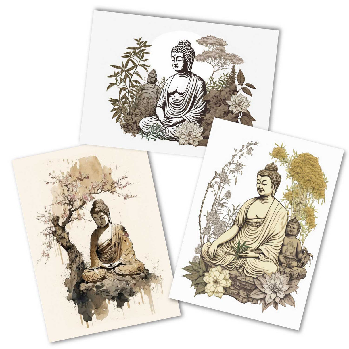 Buddha Meditation Karten Set (13 Karten) | Mandala Grußkarten | Neutral | Wanddekoration | Wasserfarben Aquarell I Wandbild Buddha