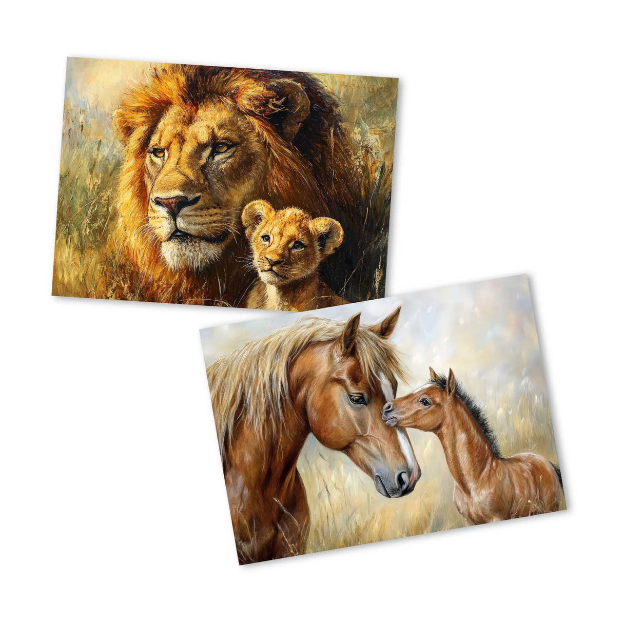 Tiere Safari mit Tierbaby Postkarten A6 Set (12 Cards) I Grußkarten und Geburtstagskarten I Pinguin Löwe Tiger Panda Pferd Affe Kuh Katze