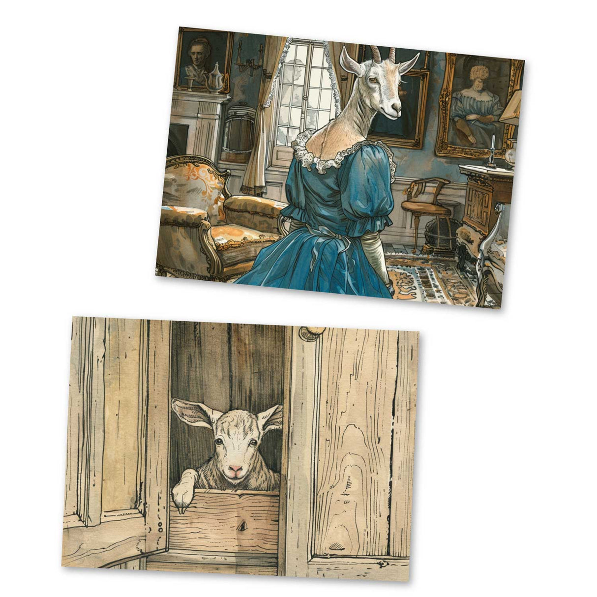 Der Wolf und die sieben jungen Geißlein Karten Set A6 (15 Cards) Illustriertes Märchen I von den Brüdern Grimm im Original I Vintage Karten