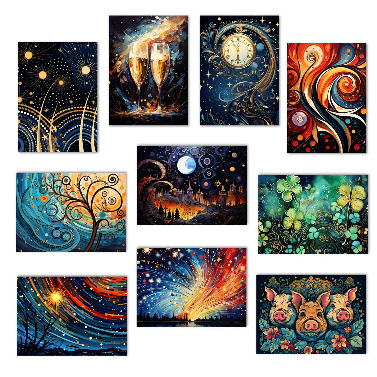 New Year greeting card set V2 (10 cards) | Happy New Year cards | poison | card with greeting message | postcard or folded card