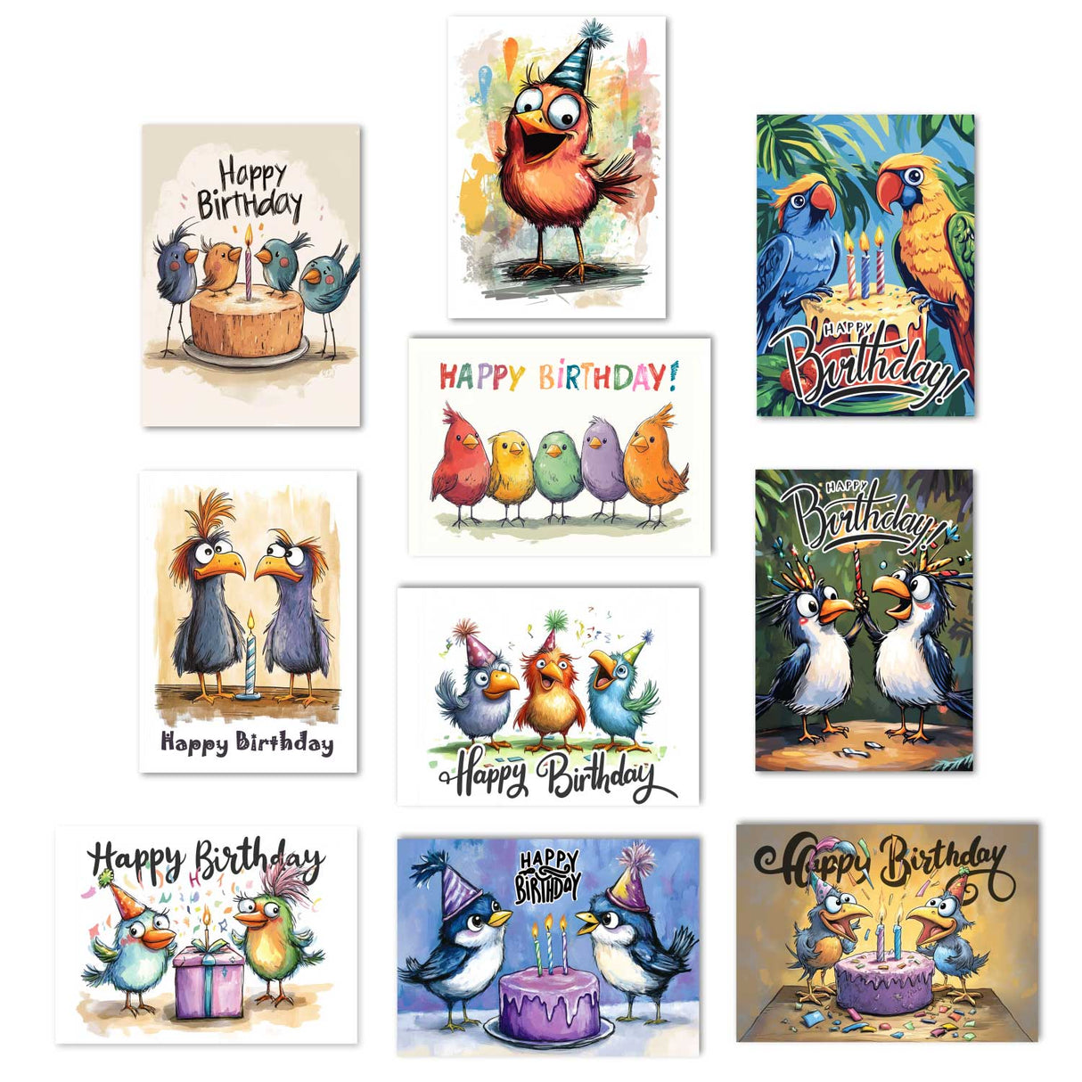 Lustige Geburtstags Grußkarten Set (10 Karten) | Humorvolle Vogel Karten zum Geburtstag | Grußbotschaft im lustig Comic Style