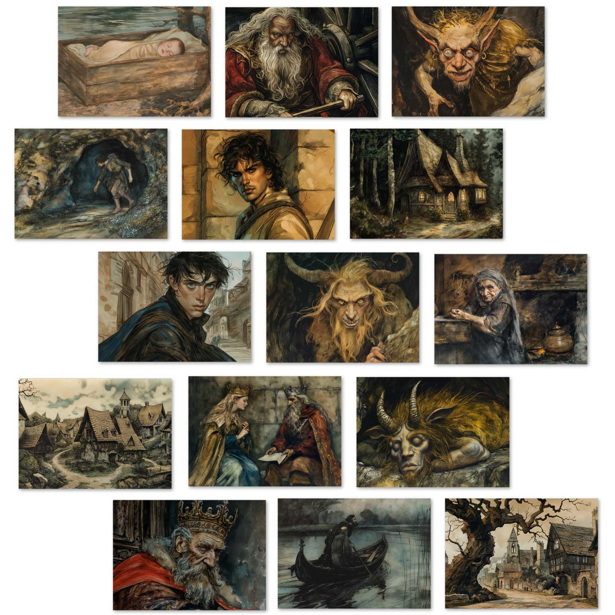 Der Teufel mit den drei goldenen Haaren Karten Set A6 (15 Cards) Illustrierte Märchen Zeichnung I von den Brüdern Grimm im Original