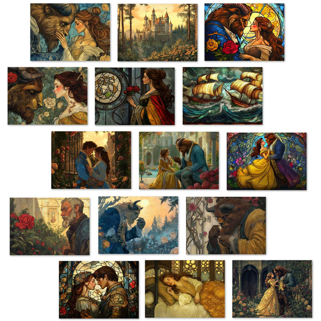 Die Schöne und das Biest Set A6 (15 Cards) kunstvoll Illustrierte Märchen  I im Original als kunstvolles Set