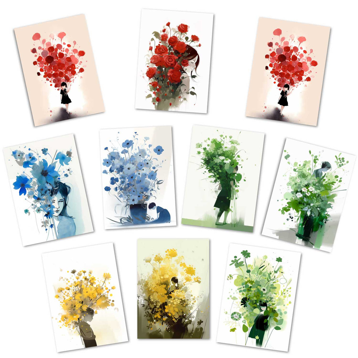 Kunstvolle Blumengrüße Geburtstagskarten - Grußkarten Set (10 Karten) | Aquarell Look | Postkarte oder Klappkarte | Design Aquarell