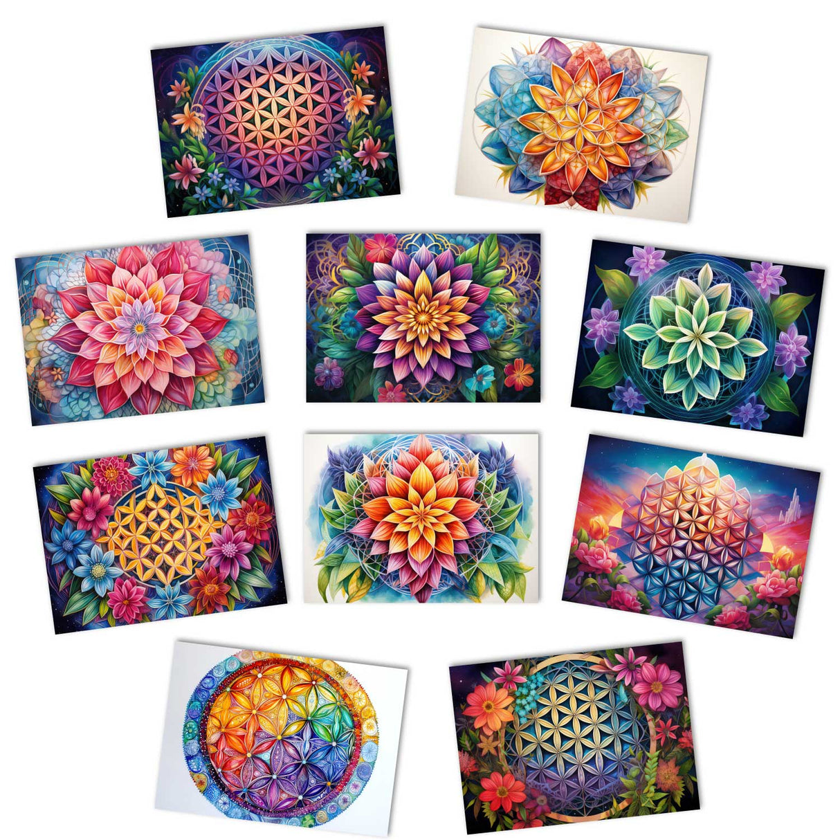 Colorful Flower of Life Card Set (10 cards) | Flower of Life | Poison | Wall Decoration | Image Deco Spiritual | decoration