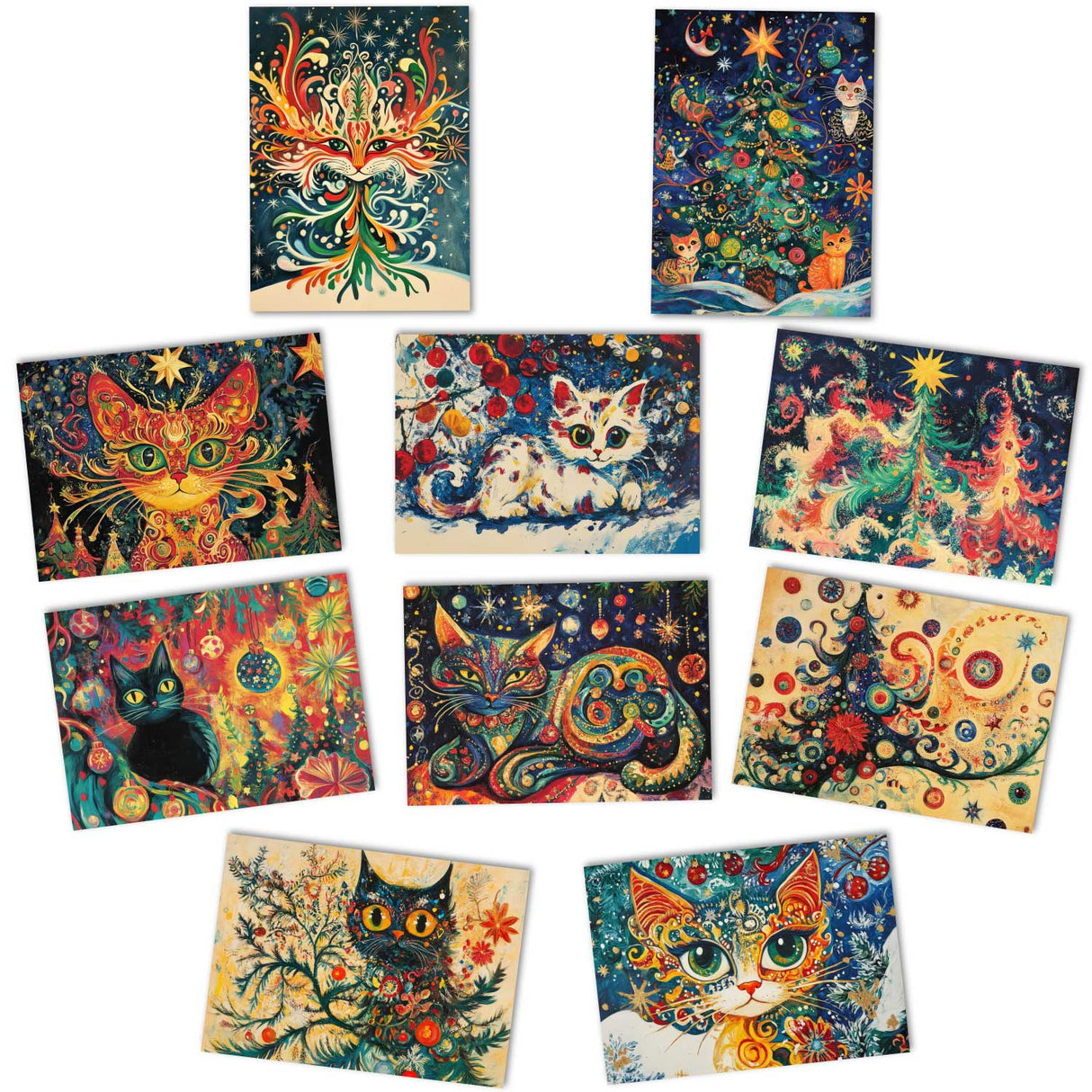 Weihnachtskarten Set Katzen | 12 festliche Karten mit Katzenmotiven | A6 Postkarten oder Klappkarten | Bunte Weihnachtsgrüße für Katzenfans