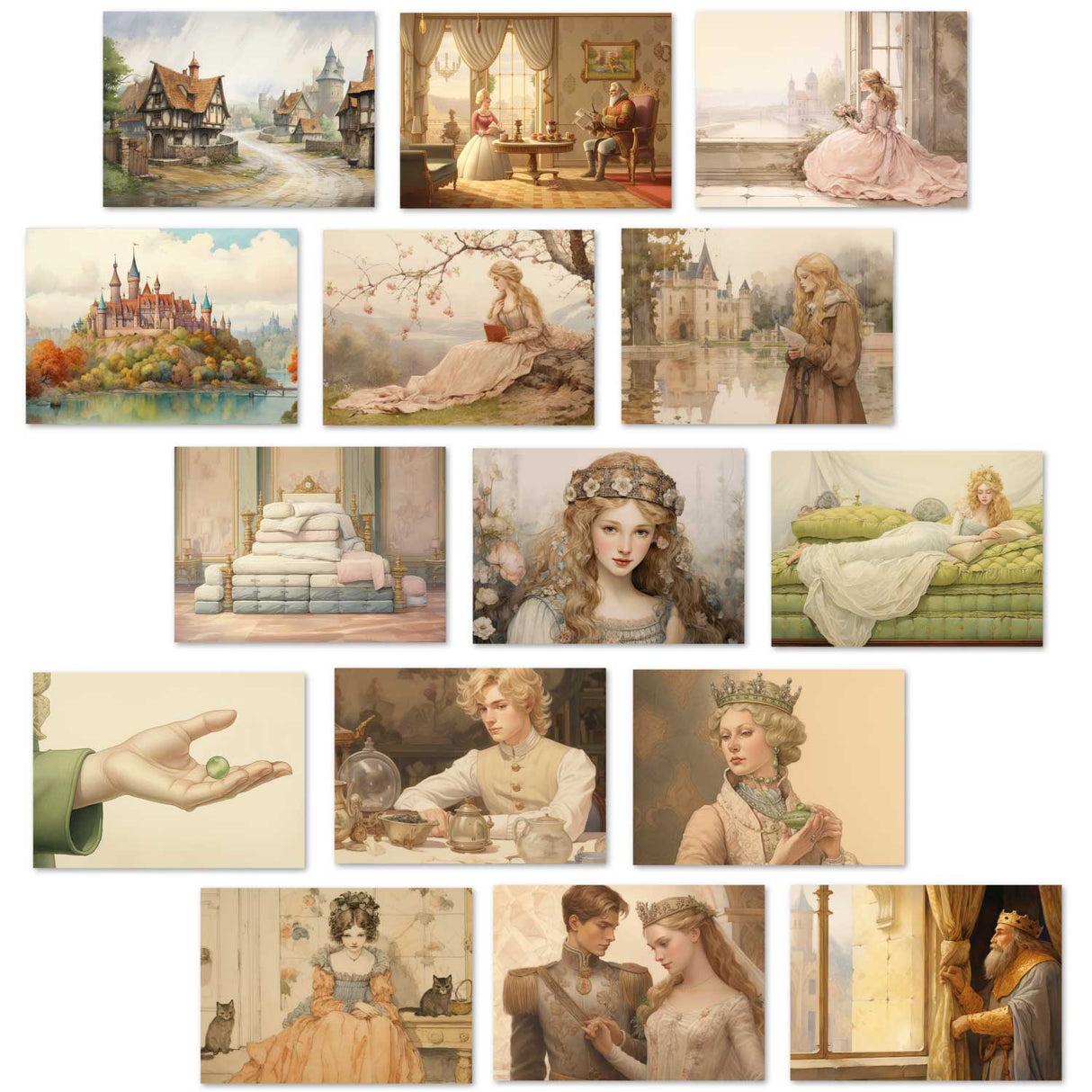 Die Prinzessin auf der Erbse Set A6 (15 Cards) kunstvoll Illustrierte Märchen I von H.C. Andersen im Original als kunstvolles Set