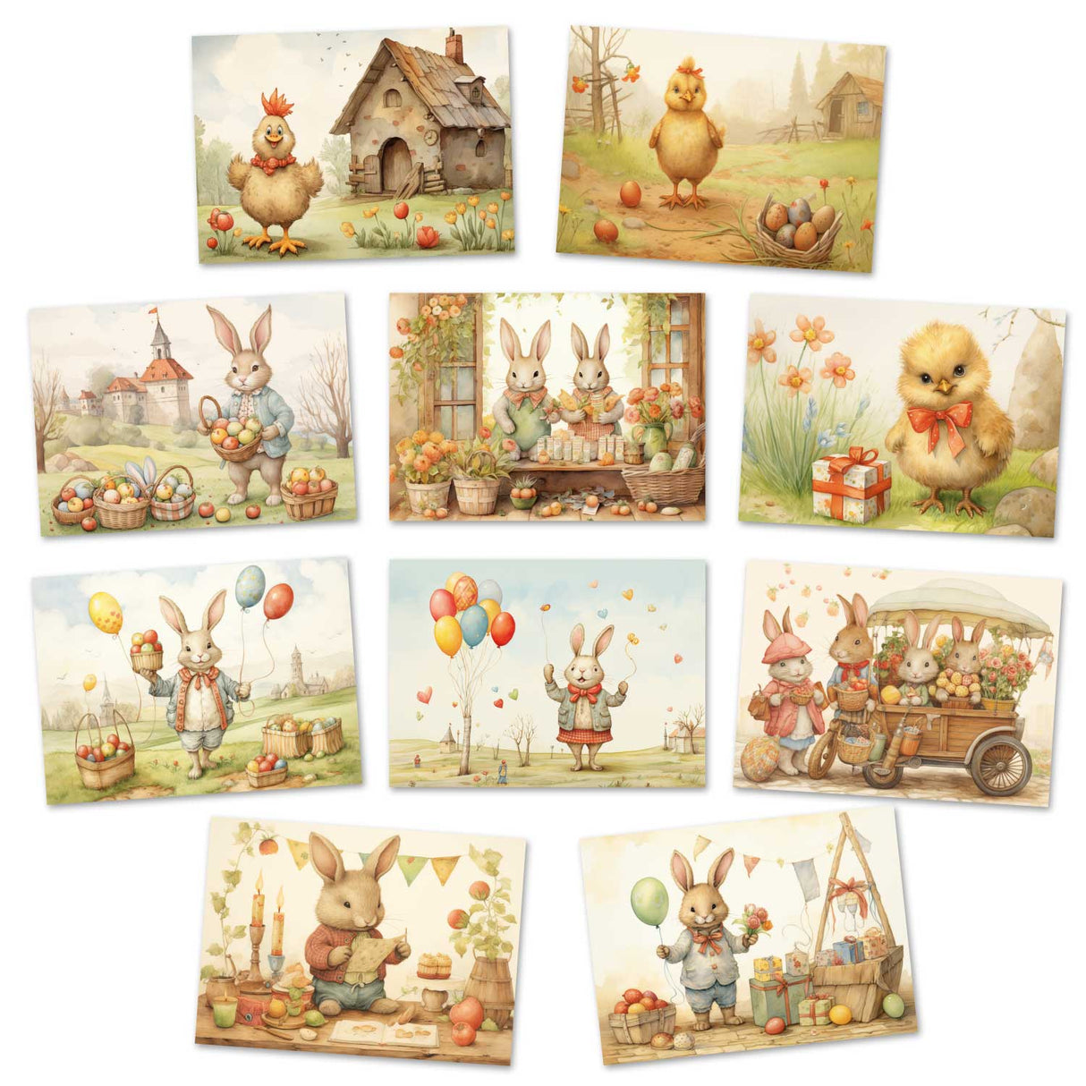Ostern Kinder und Osterhasen Karten Set (10 Karten) | Märchenhafte Ostern | Geschenk | kinderbuch Zeichnungen Osterhase Ostereier