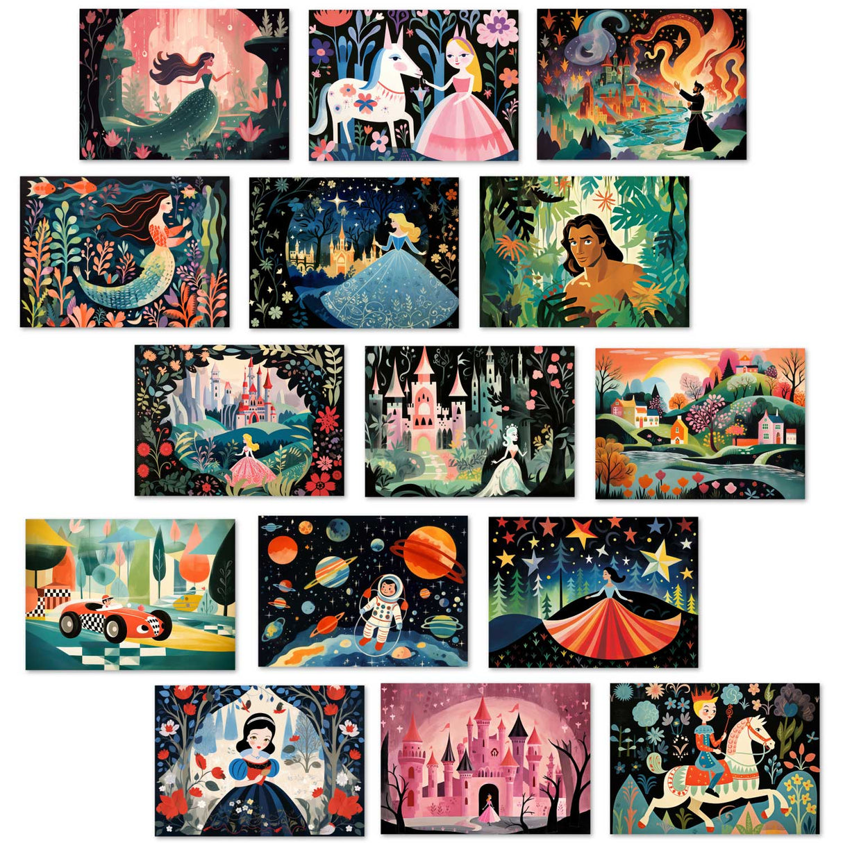 Kinder Geburtstags und Einladungskarten Set (15 Karten) | Märchenhafte Motive | Geschenk | für Jungen und Mädchen