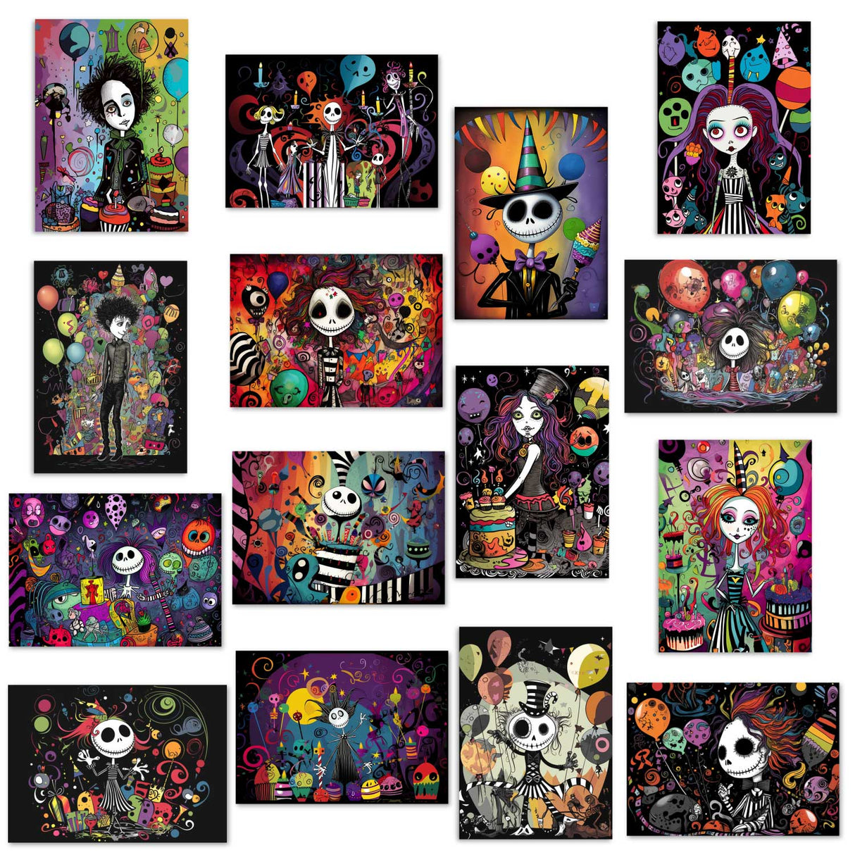 Schaurig schöne Geburtstags Grußkarten Set (15 Karten) | Kunstvolle grusselige Karten zum Geburtstag | Grußbotschaft im Tim Burton Style