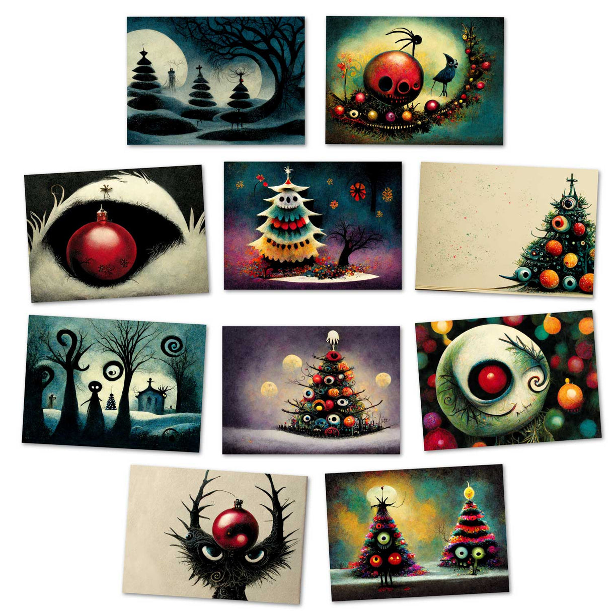 Schaurig schöne Weihnachten Grußkarten Set (10 Karten) | Kunstvolle grusselige Weihnachtskarten | Karte mit Grußbotschaft | Tim Burton Style