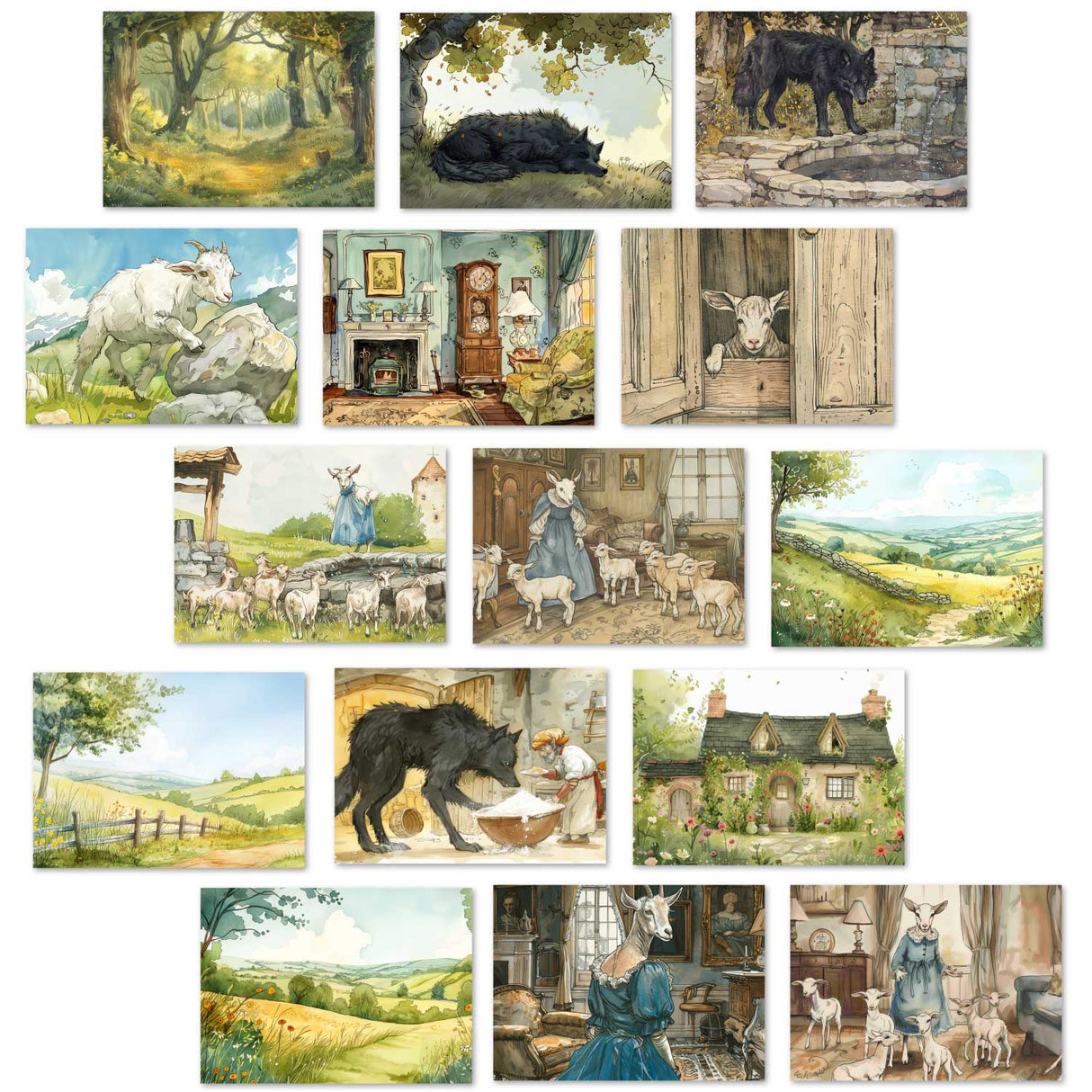 Der Wolf und die sieben jungen Geißlein Karten Set A6 (15 Cards) Illustriertes Märchen I von den Brüdern Grimm im Original I Vintage Karten