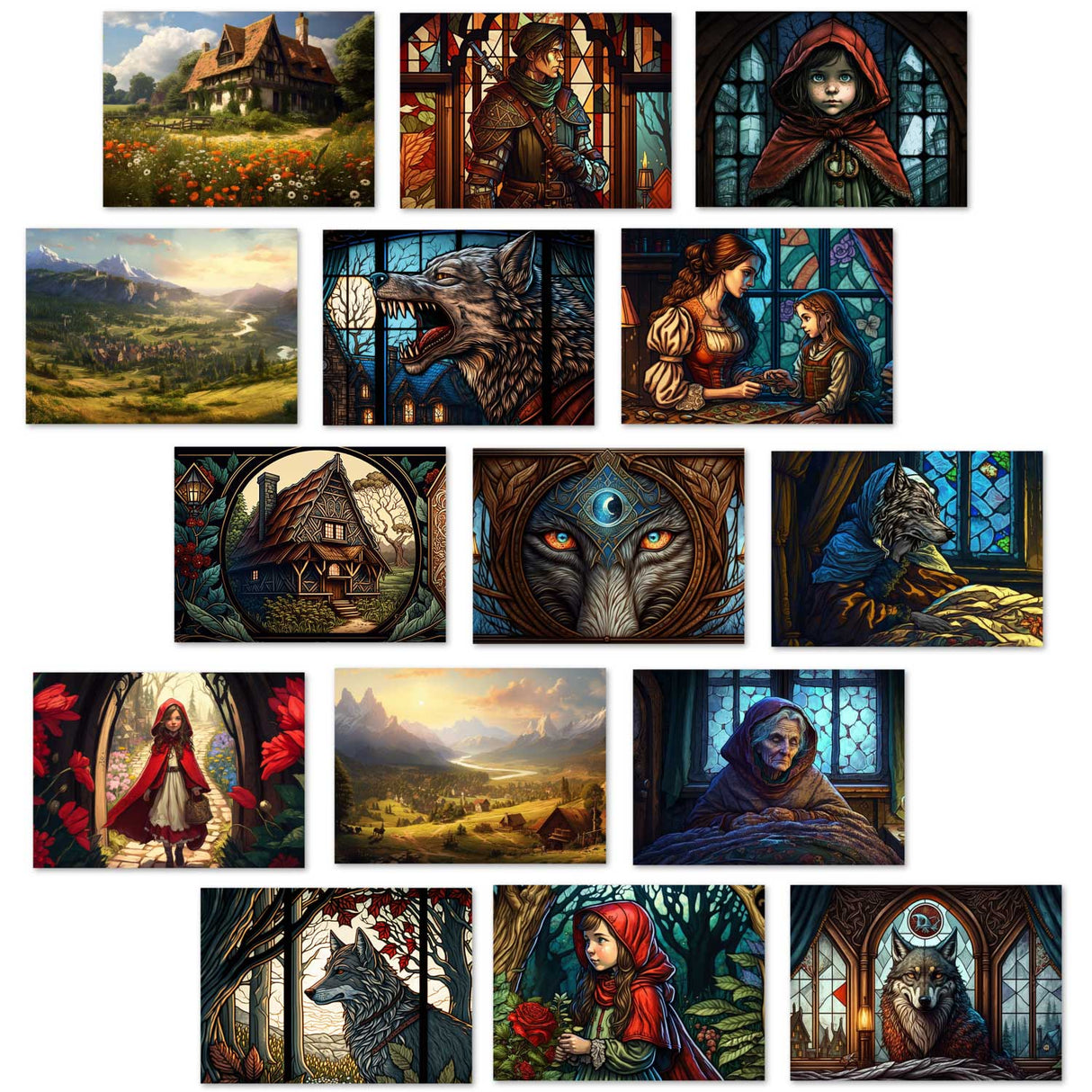Rotkäppchen (15 Cards) Illustrierte Märchen Stained Glass I von den Gebrüdern Grimm im Original als kunstvolles Set