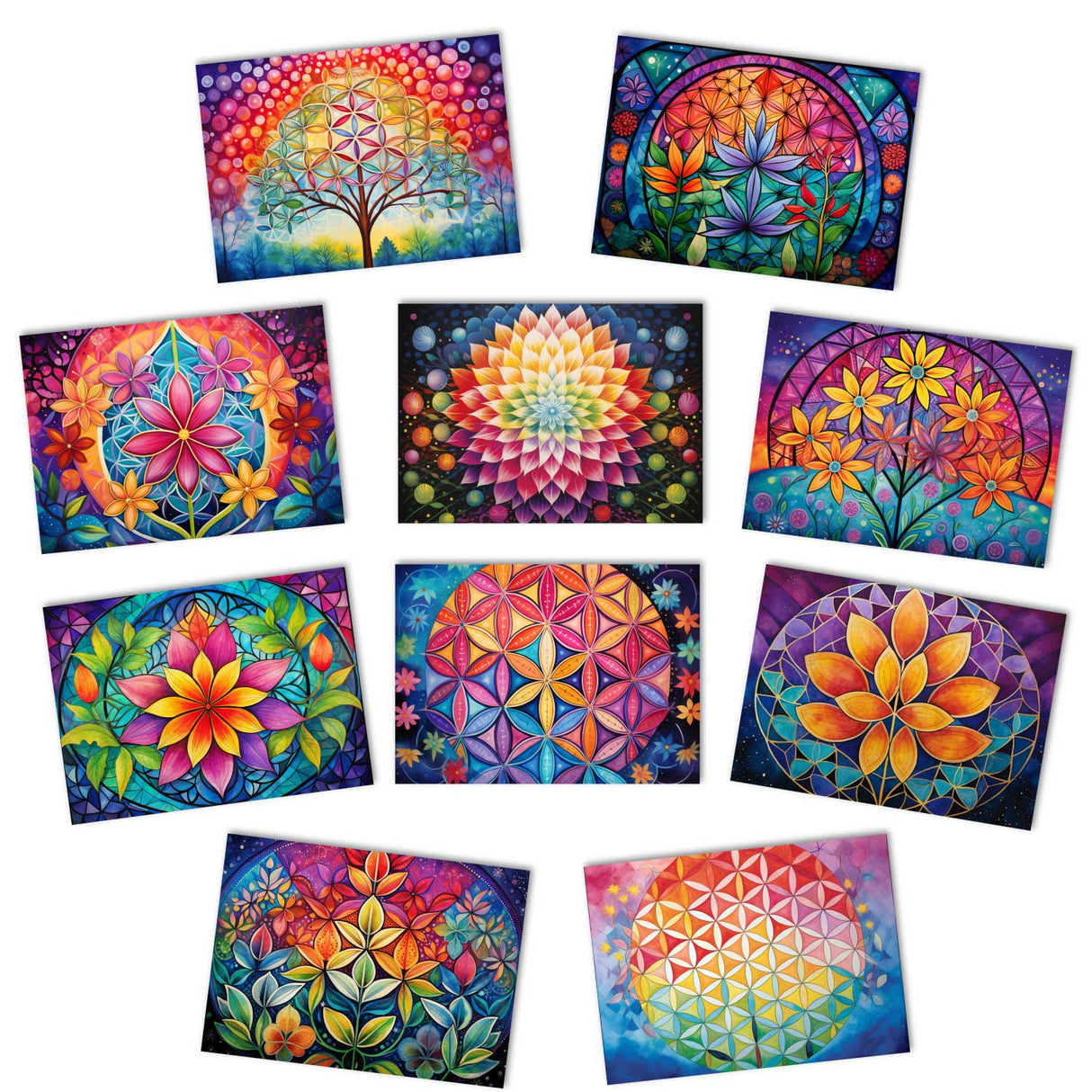 Colorful Flower of Life Card Set (10 cards) | Flower of Life | Poison | Wall Decoration | Image Deco Spiritual | decoration