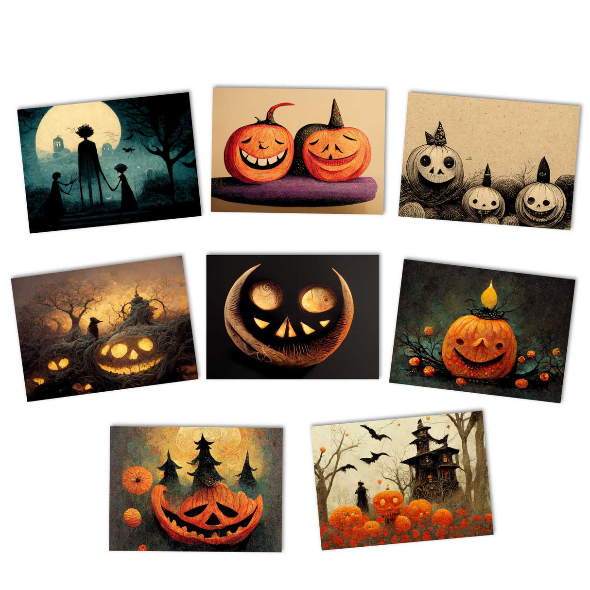 8 Halloween Grußkarten | Kunstvolle Halloween Karten | Geschenk | Karte mit Grußbotschaft | Postkarte | Kürbis Karten