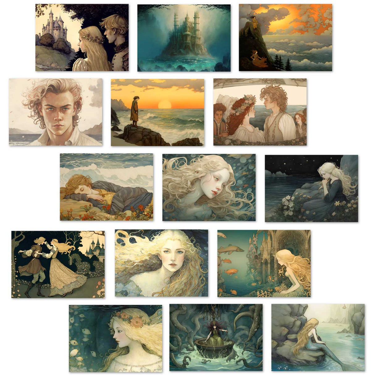 Die kleine Meerjungfrau Karten Set A6 (15 Cards) Illustrierte Märchen im Jugendstil I von H.C. Andersen im Original als kunstvolles Set