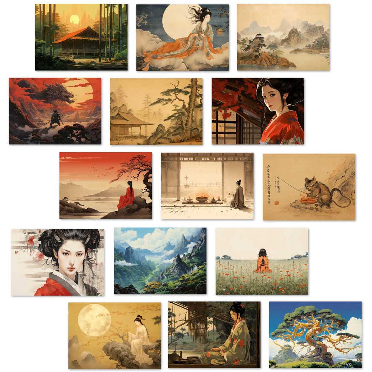 Die Legende der Mondprinzessin Karten Set A6 (15 Cards) japanisches Illustriertes Märchen I Taketori Monogatari I als kunstvolles Set