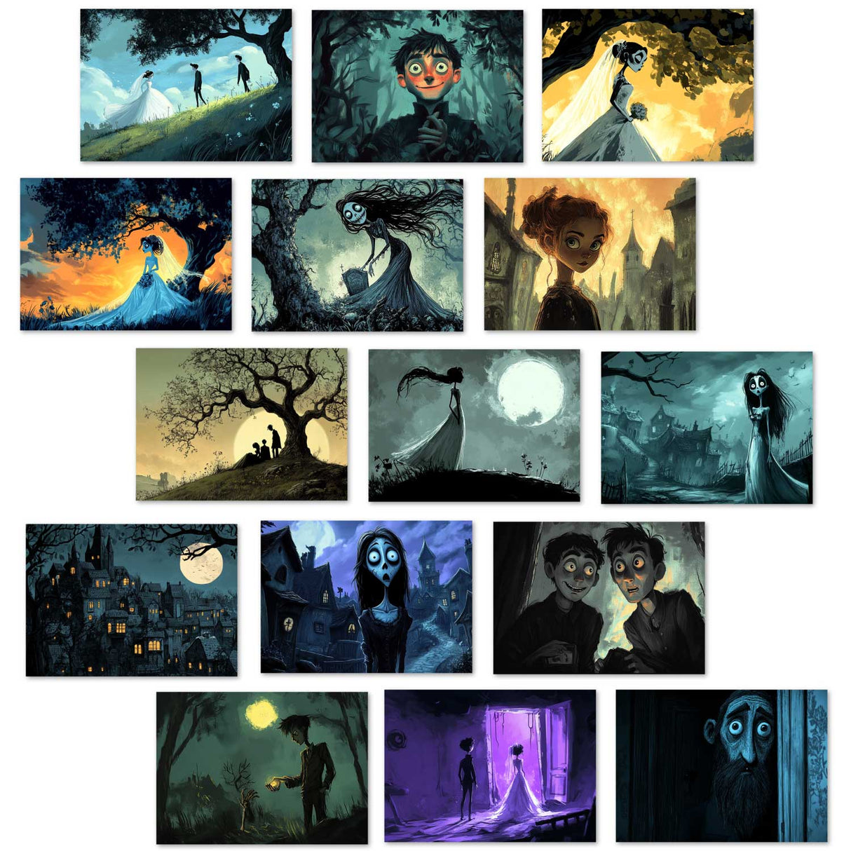 Die Leichenbraut Karten Set A6 (15 Cards) Illustriertes Märchen I jüdisches Märchen im Original als kunstvolles Set I Halloween Corpse Bride Creepy Motive