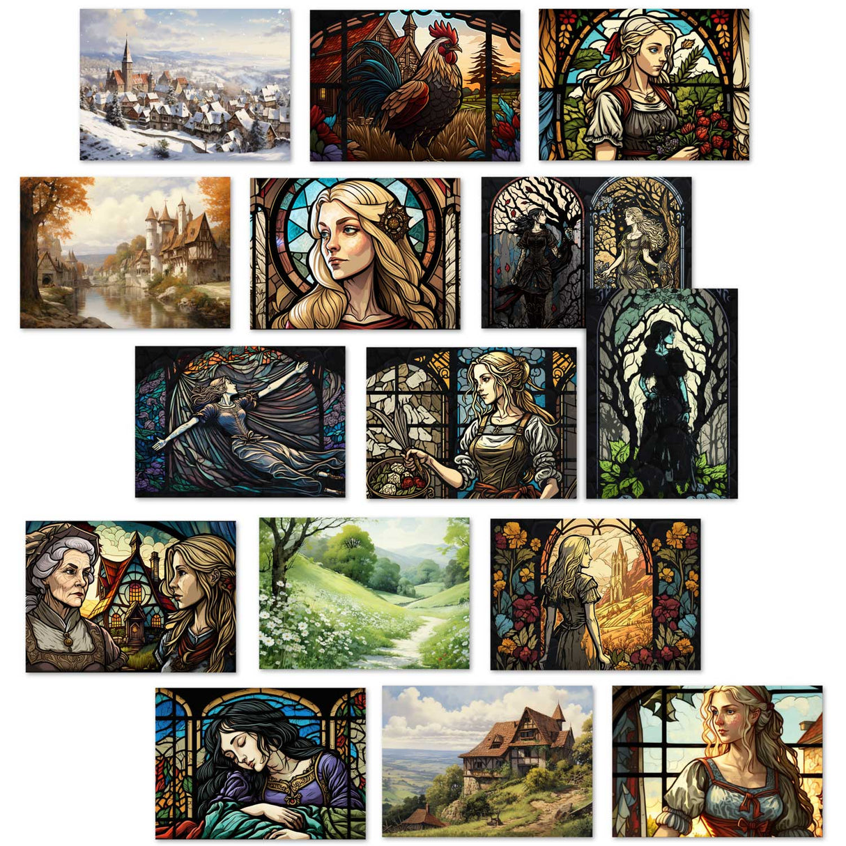 Frau Holle Karten Set A6 (15 Cards) Illustrierte Märchen Stained Glass I von den Gebrüdern Grimm im Original als kunstvolles Set
