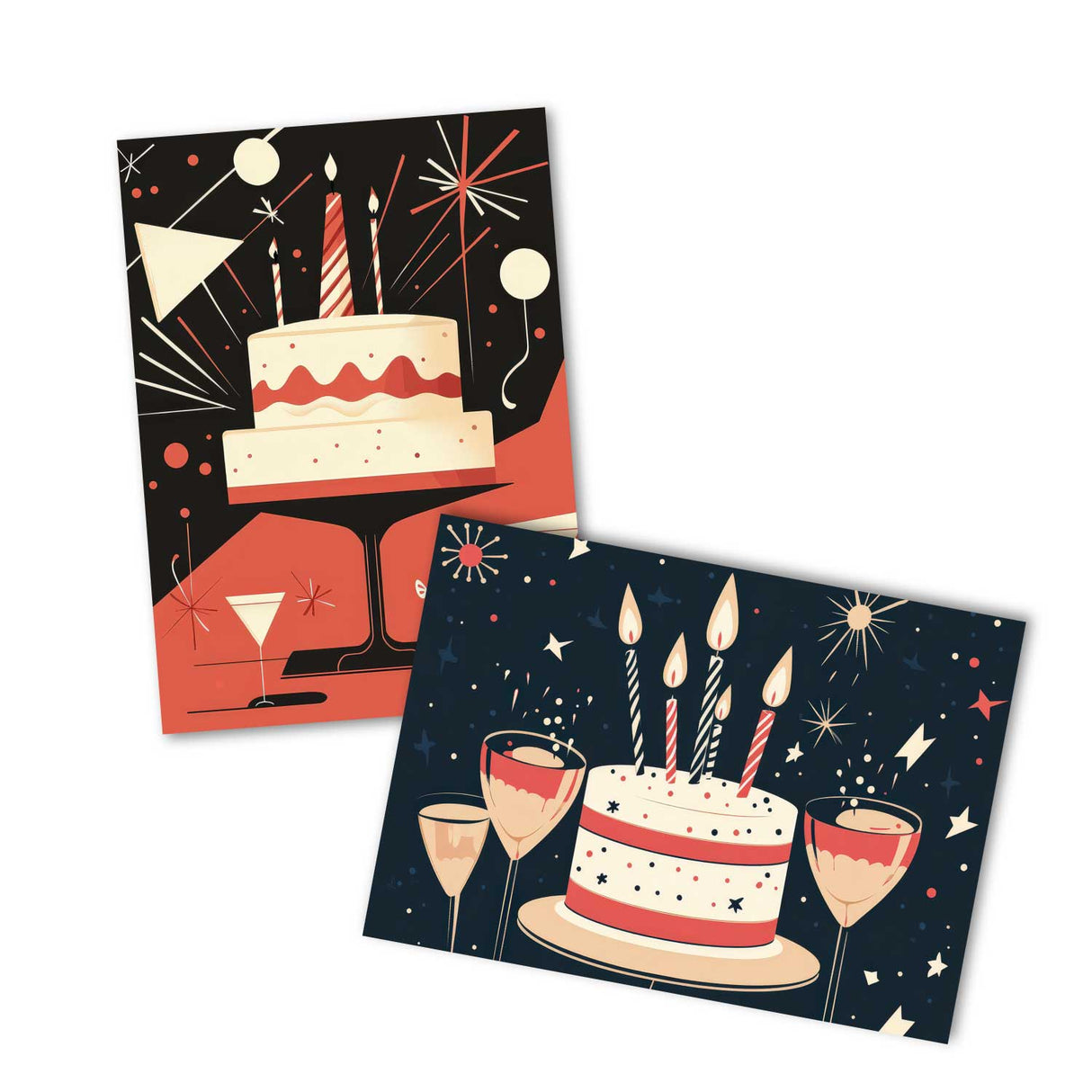 Retro Geburtstagskarten Set – 12 moderne Designs mit Torten Party-Design – Klappkarten oder Postkarten im Mid-Century Look