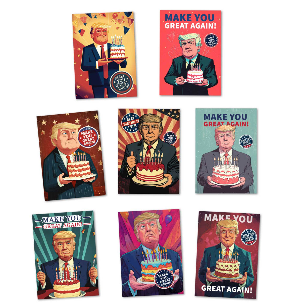 8 Lustige Trump-Geburtstagskarte – 'Make You Great Again' – Humorvolle Karten | Postkarte oder Klappkarte | Illustration