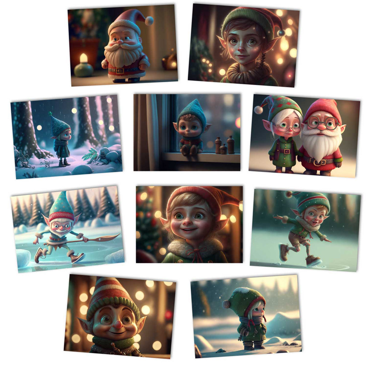 Weihnachtselfen Kartenset - Kinder Geschenkkarten Set (10 Karten) | Weihnachtskarten im Fantasy Style | Geschenk | Klappkarte Postkarten