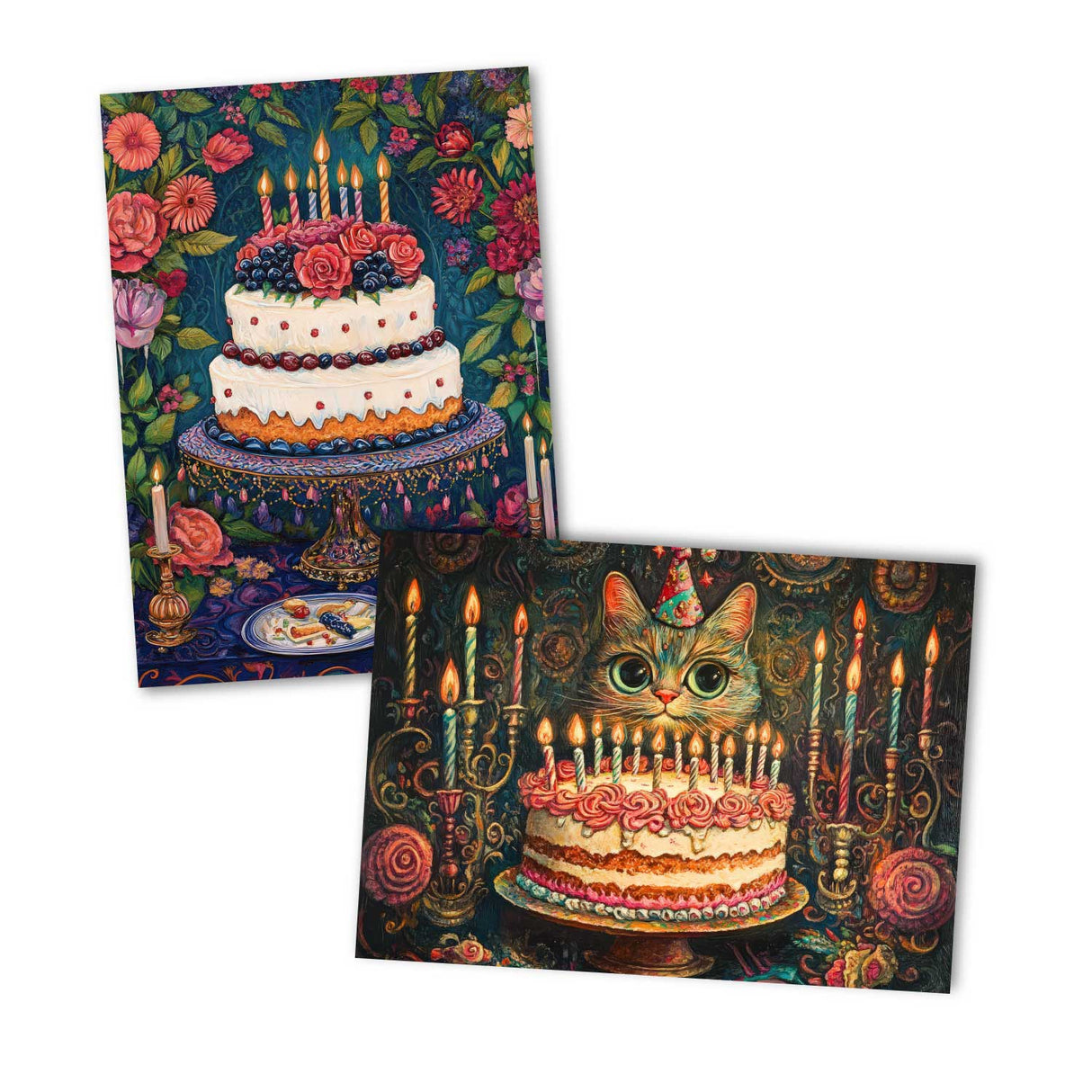 Geburtstagskarten Set mit Kuchen und Katzen – 12 bunte Grußkarten im A6 Format