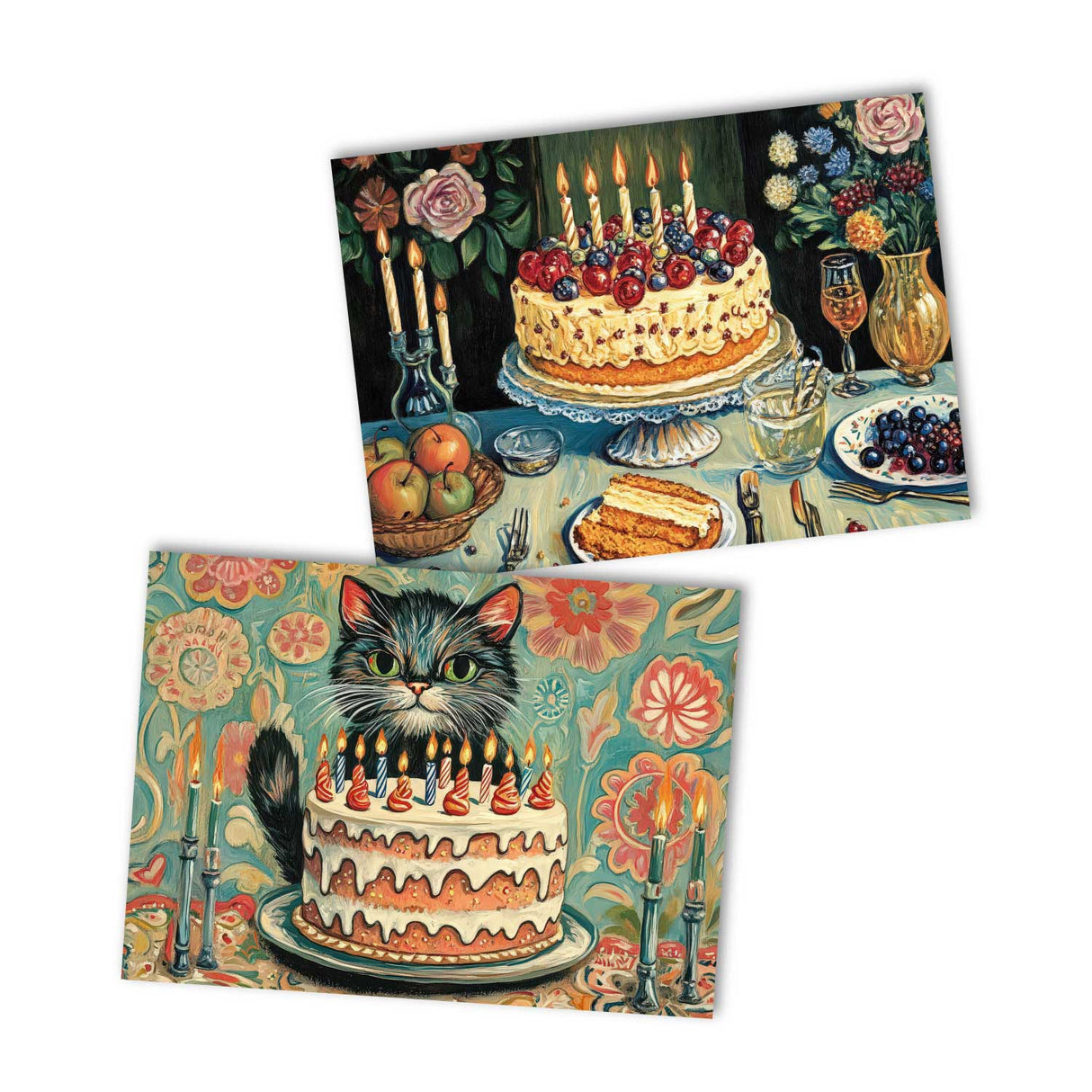 Geburtstagskarten Set mit Kuchen und Katzen – 12 bunte Grußkarten im A6 Format