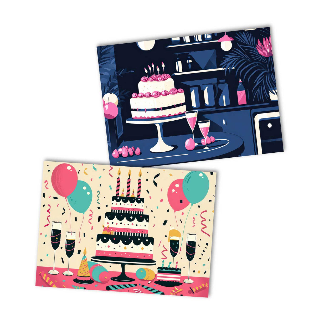 Retro Geburtstagskarten Set – 12 moderne Designs mit Torten Party-Design – Klappkarten oder Postkarten im Mid-Century Look