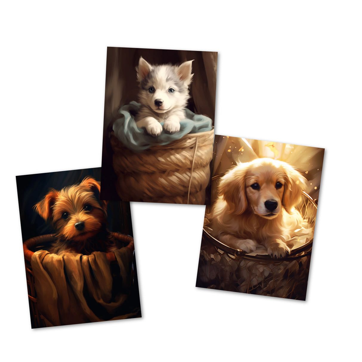 Hundewelpen Grußkarten Set (15 Karten) | Süße kunstvolle Karten mit Welpen verschiedener Rassen | Digital Painting - Oil - Einzel Set