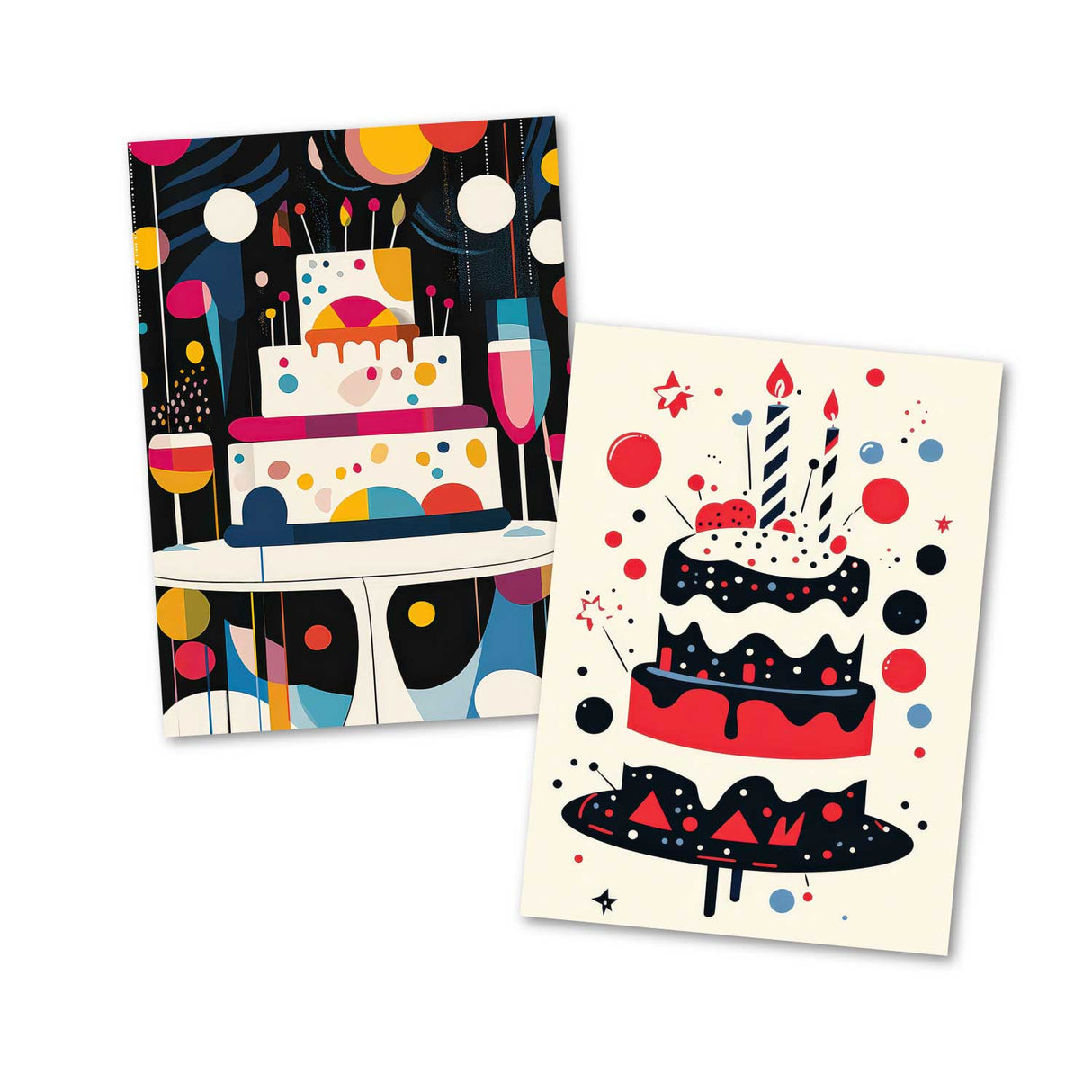 Retro Geburtstagskarten Set – 12 moderne Designs mit Torten Party-Design – Klappkarten oder Postkarten im Mid-Century Look